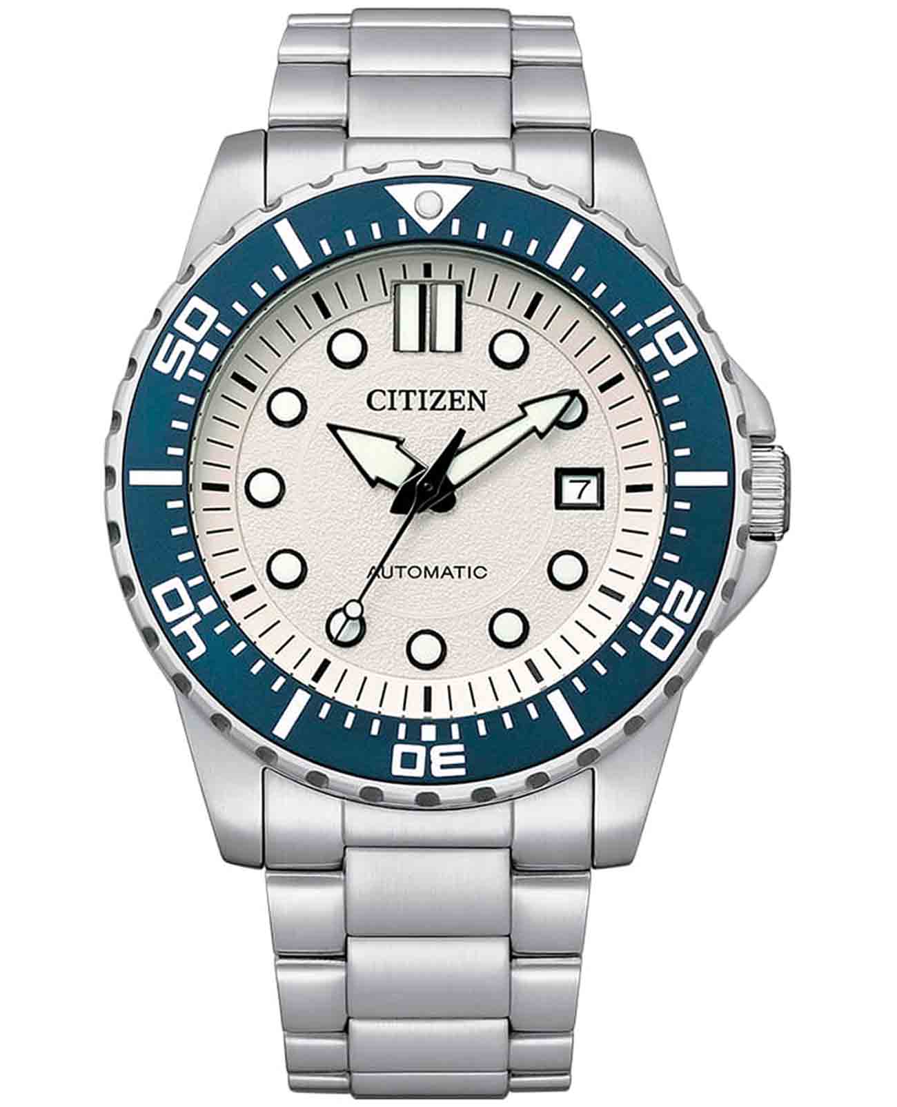 Citizen Citizen Automatic NJ0171-81A  NJ0171-81A механические мужские часы белый циферблат, браслет нержавеющая сталь — вид спереди