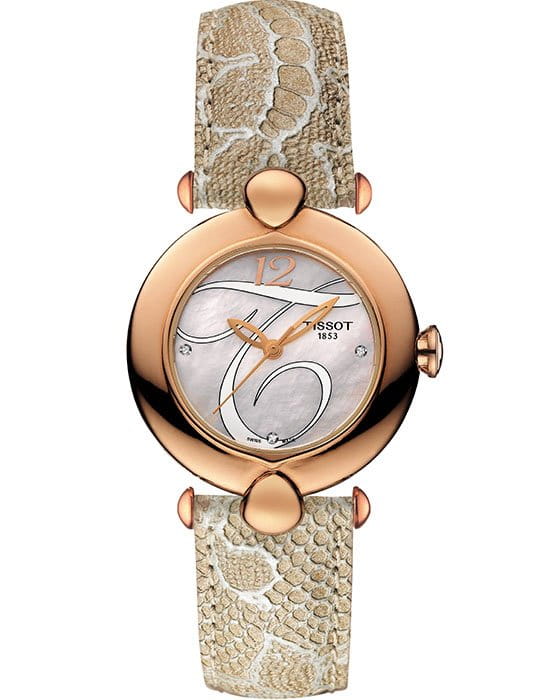 Tissot Tissot Pretty Lady 18K Gold T918.210.76.116.02  T9182107611602 кварцевые женские часы перламутровый циферблат, браслет кожаный — вид спереди