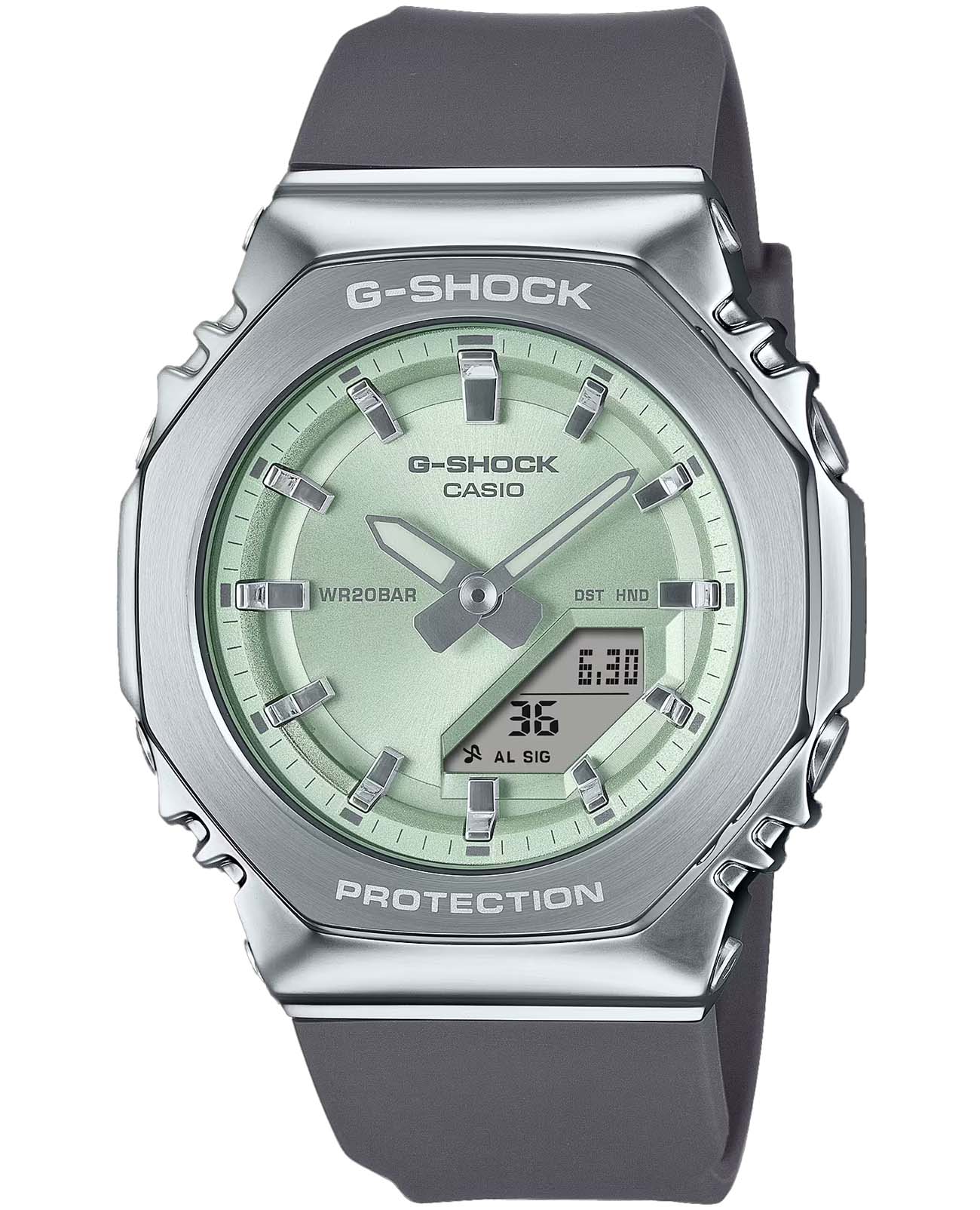 Casio Casio G-Shock GM-S2110-3A GM GM-S2110-3A электронные женские часы зеленый циферблат, браслет пластик — вид спереди