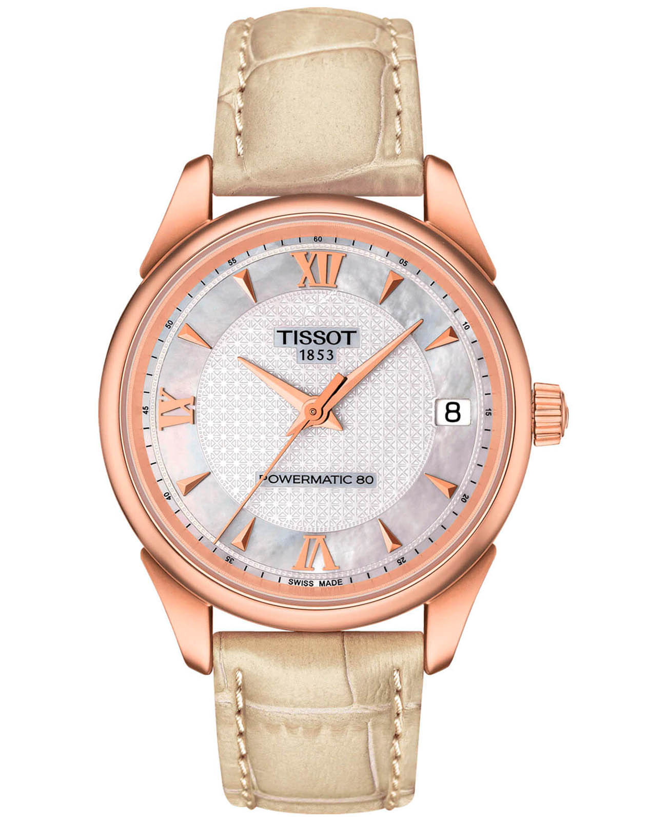 Tissot Tissot Vintage Powermatic 80 Lady 18K Gold T920.207.76.118.00  T9202077611800 механические женские часы перламутровый циферблат, браслет кожаный — вид спереди