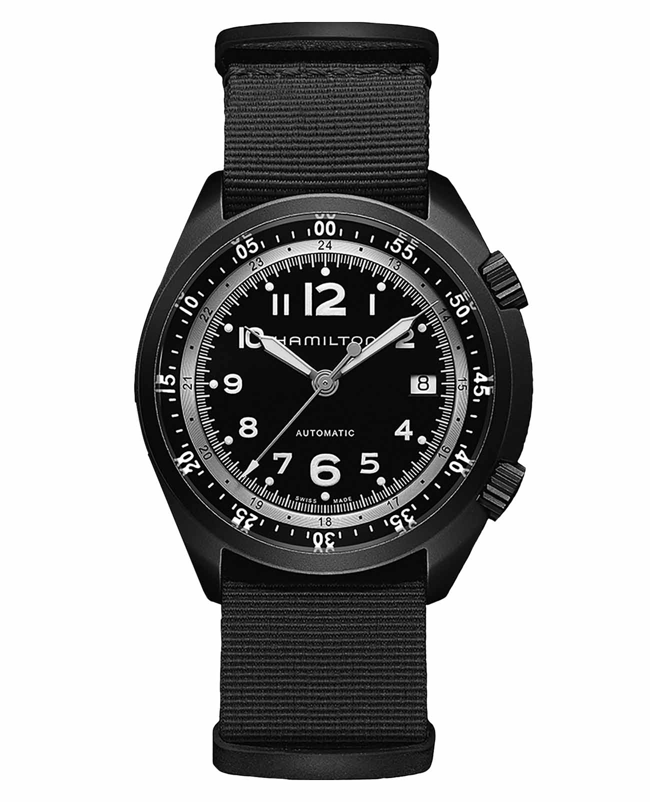 Hamilton Hamilton Khaki Aviation Pilot Pioneer Aluminium H80485835  H80485835 механические мужские часы черный циферблат, браслет тканевый — вид спереди