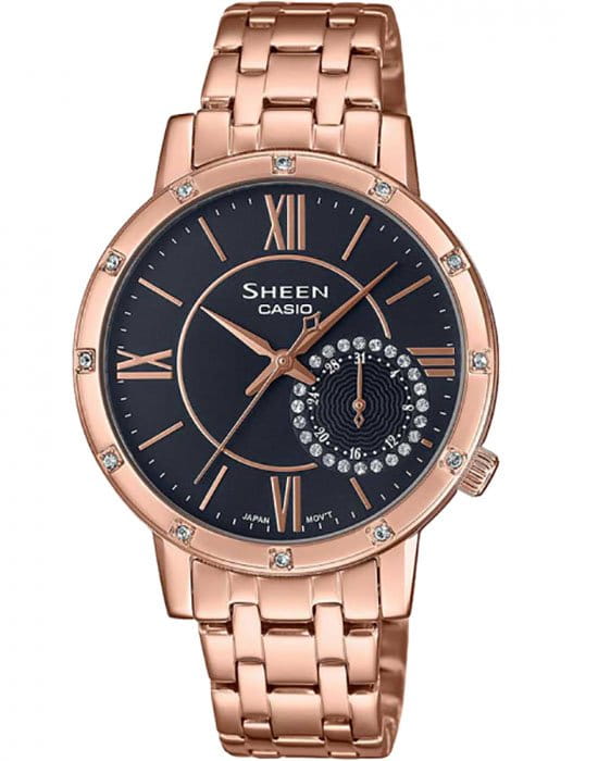 Casio Casio Sheen SHE-3046PG-8AUER  SHE-3046PG-8A кварцевые женские часы черный циферблат, браслет сталь с ip покрытием — вид спереди
