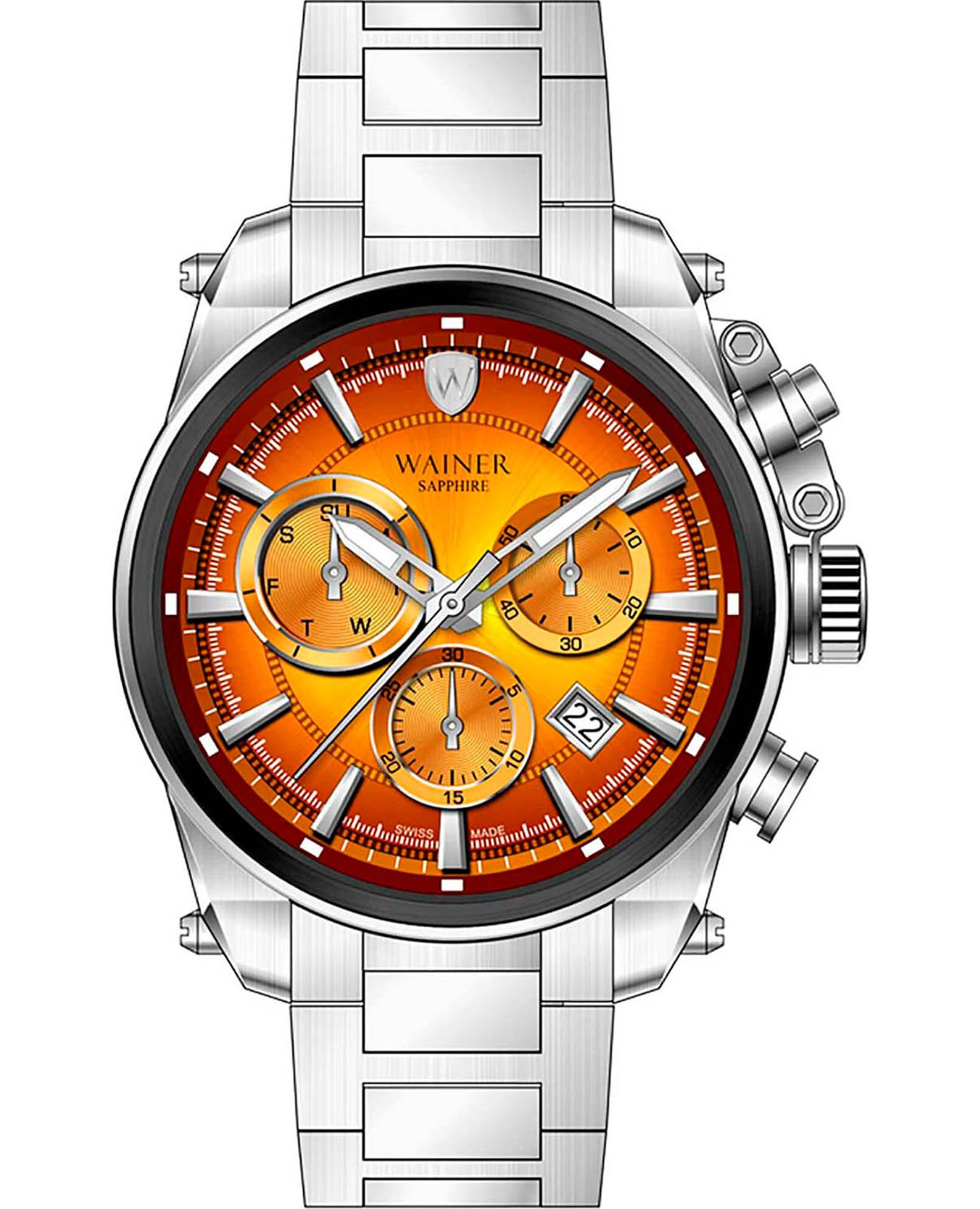 Wainer Wainer Wall Street WA.19200-F  WA.19200-F кварцевые мужские часы оранжевый циферблат, браслет нержавеющая сталь — вид спереди
