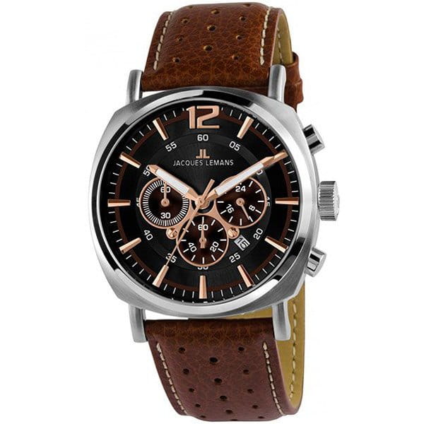 Jacques Lemans Jacques Lemans 1-1645K  1-1645K кварцевые мужские часы черный циферблат, браслет кожаный — вид спереди
