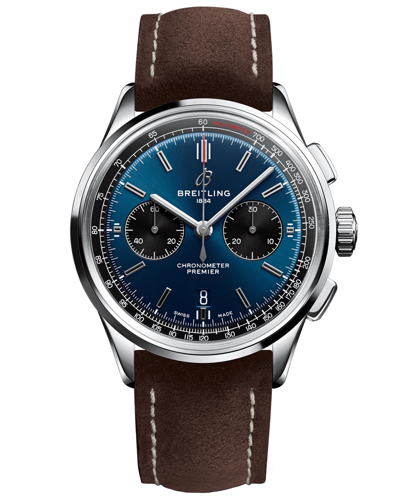 Breitling Breitling Premier B01 Chronograph 42 AB0118221C1X2  AB0118221C1X2 механические мужские часы синий циферблат, браслет кожаный — вид спереди