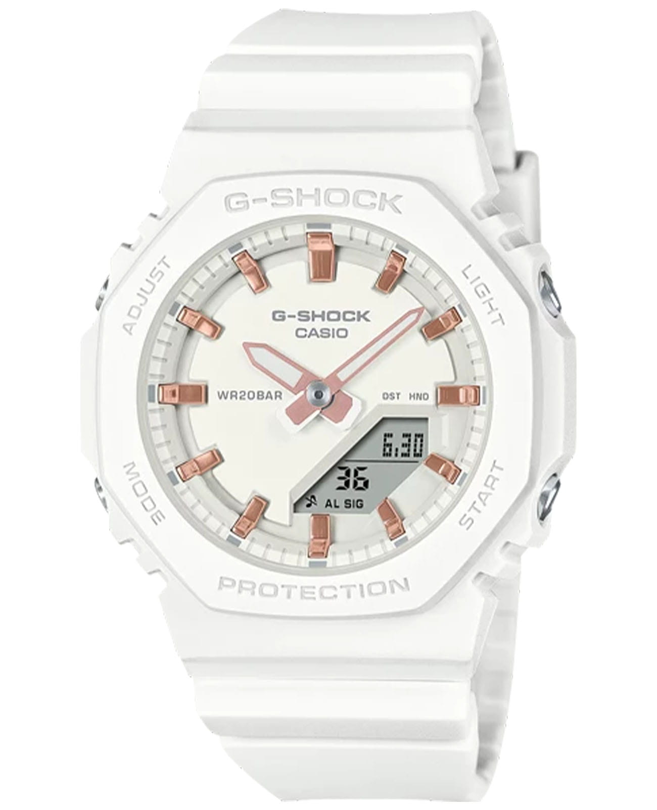 Casio Casio G-Shock GMA-P2100M-7A  GMA-P2100M-7A электронные женские часы белый циферблат, браслет пластик — вид спереди