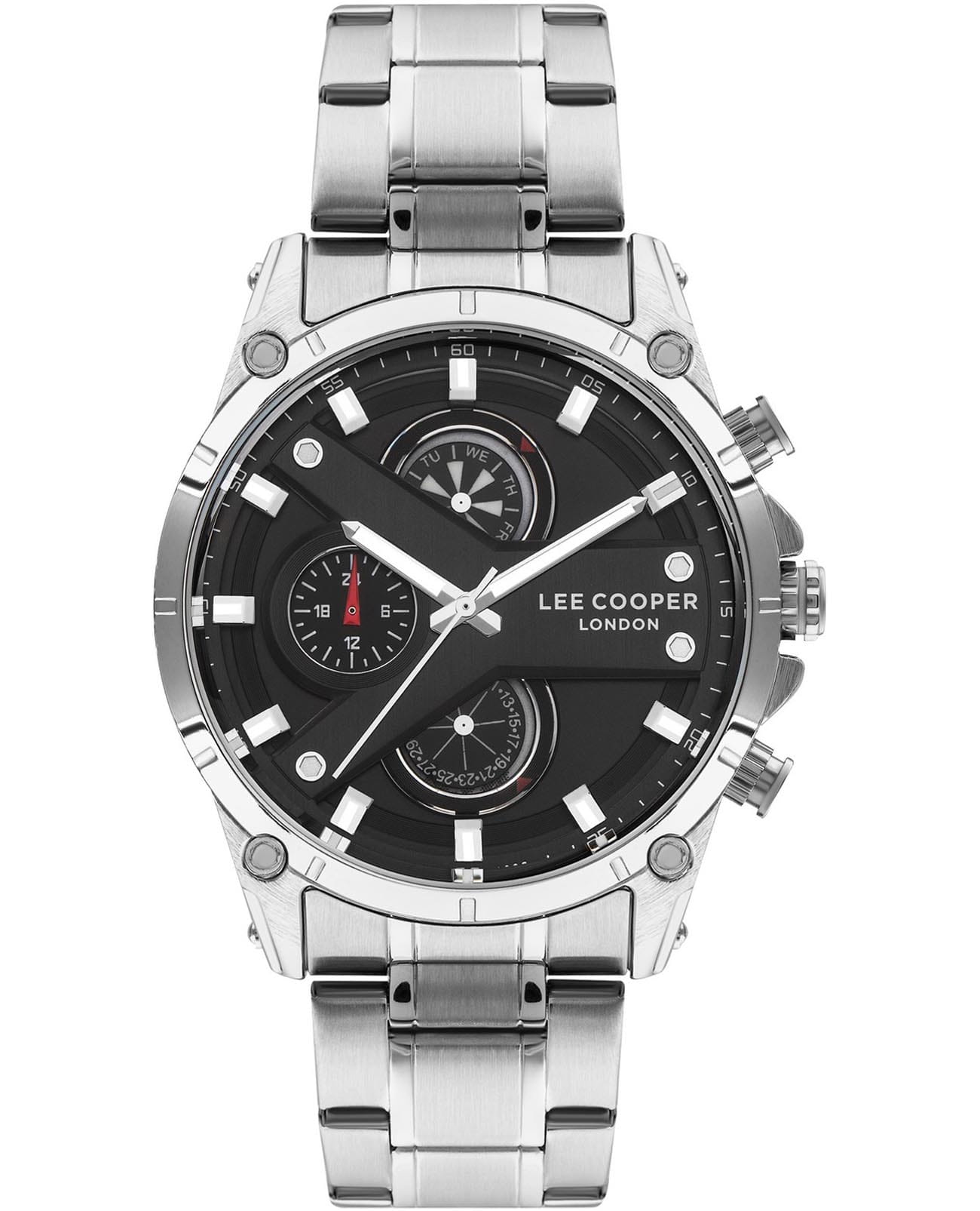 Lee Cooper Lee Cooper LC07637.350  LC07637.350 кварцевые мужские часы черный циферблат, браслет нержавеющая сталь — вид спереди