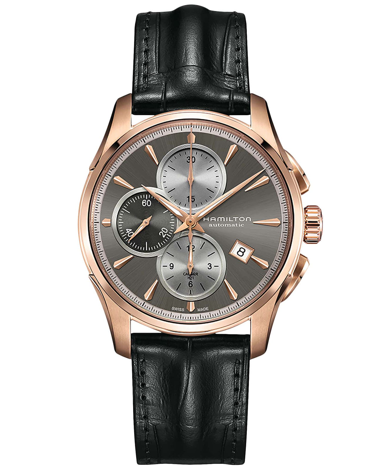 Hamilton Hamilton Jazzmaster Auto Chrono H32546781  H32546781 механические мужские часы серый циферблат, браслет кожаный — вид спереди