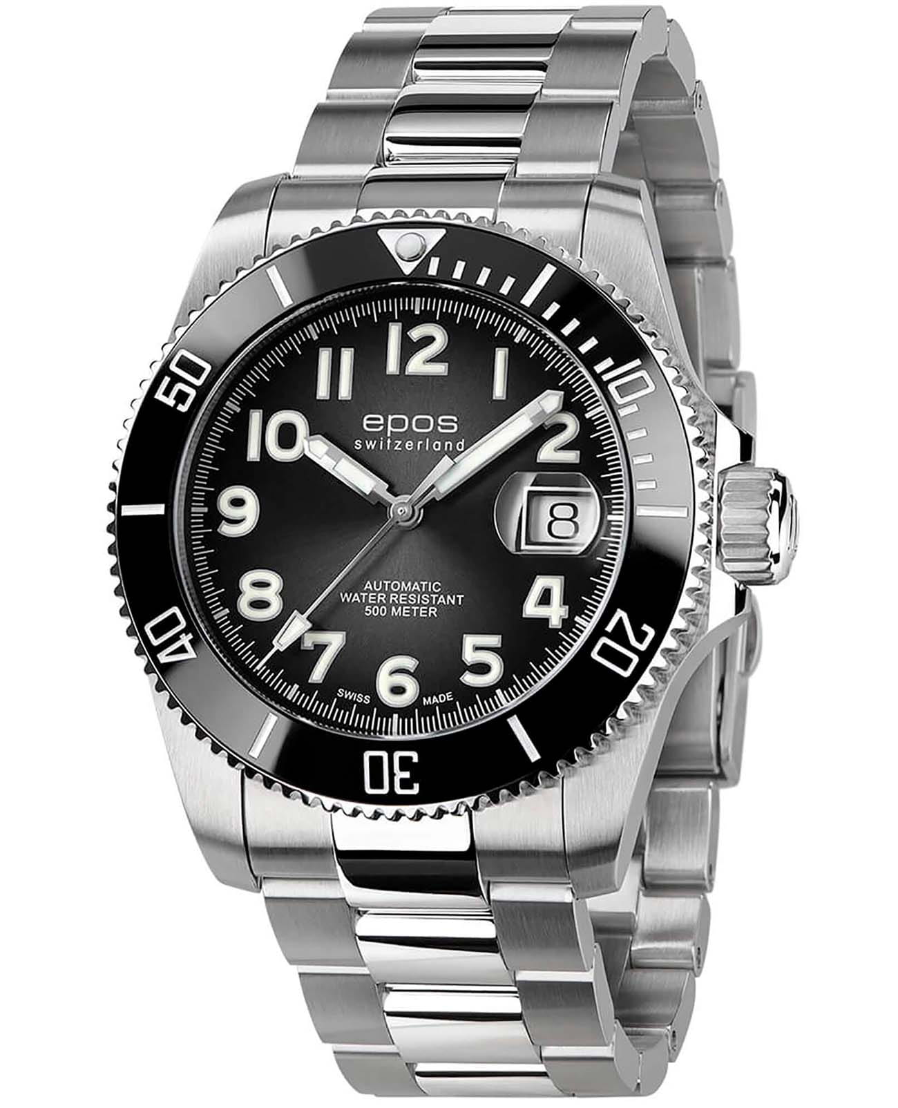 Epos Epos Diver 3504.131.80.35.90  3504.131.80.35.90 механические мужские часы черный циферблат, браслет титановый — вид спереди