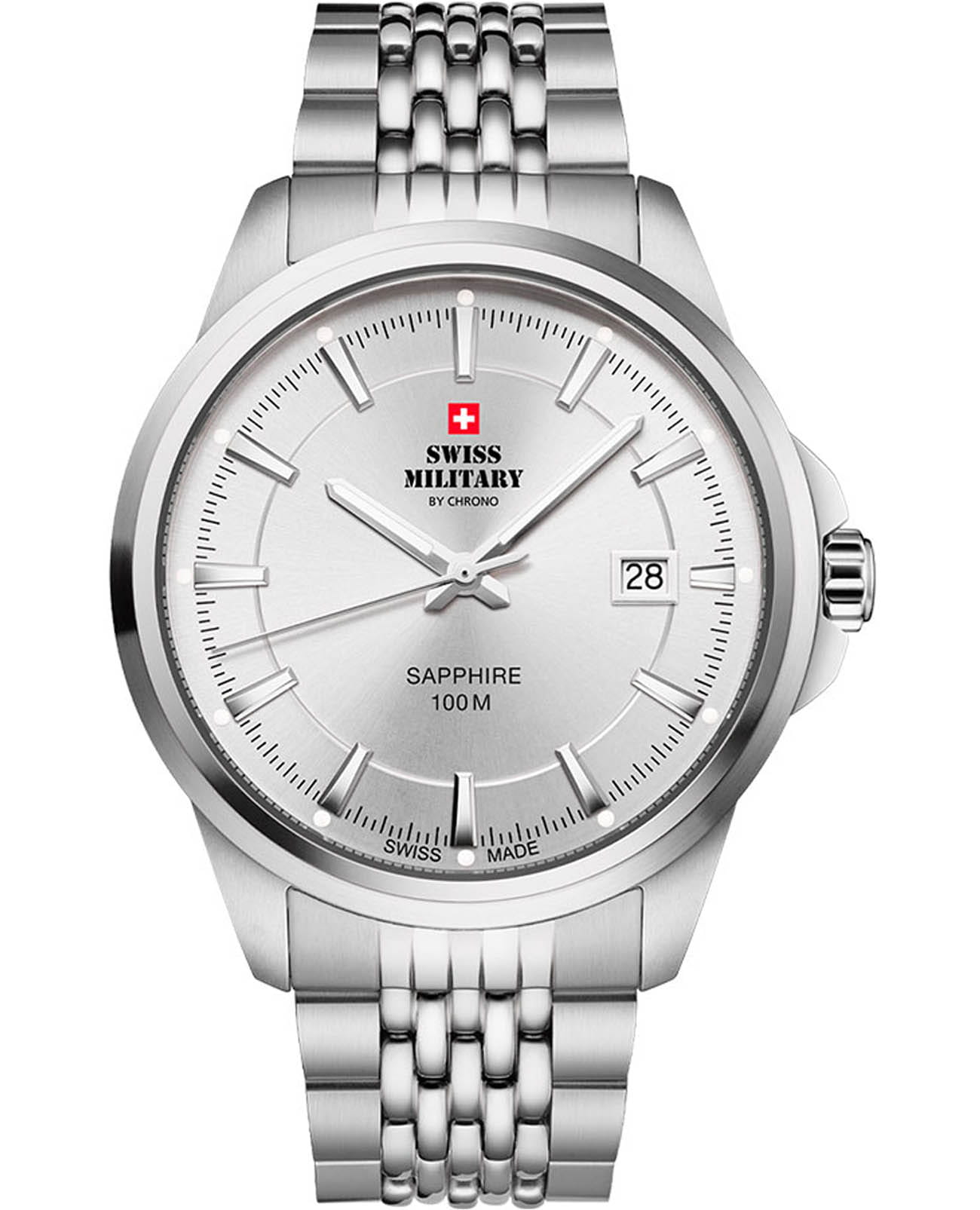 Swiss Military by Chrono Swiss Military by Chrono Classic SM34104.02  SM34104.02 кварцевые мужские часы серебристый циферблат, браслет нержавеющая сталь — вид спереди