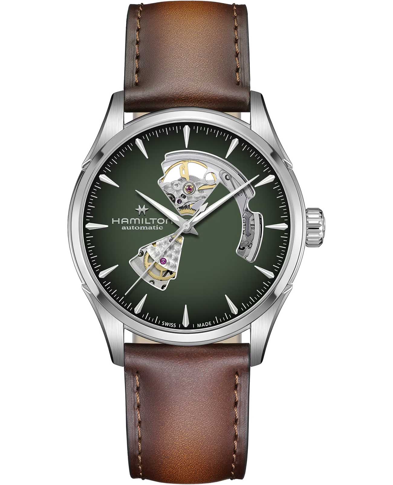 Hamilton Hamilton Jazzmaster Open Heart Auto H32705560  H32705560 механические мужские часы зеленый циферблат, браслет кожаный — вид спереди