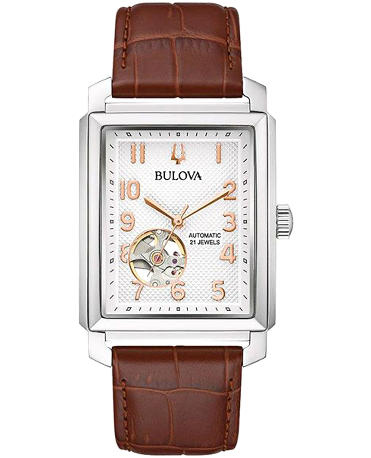 Bulova Bulova Sutton 96A268  96A268 механические мужские часы серебристый циферблат, браслет кожаный — вид спереди