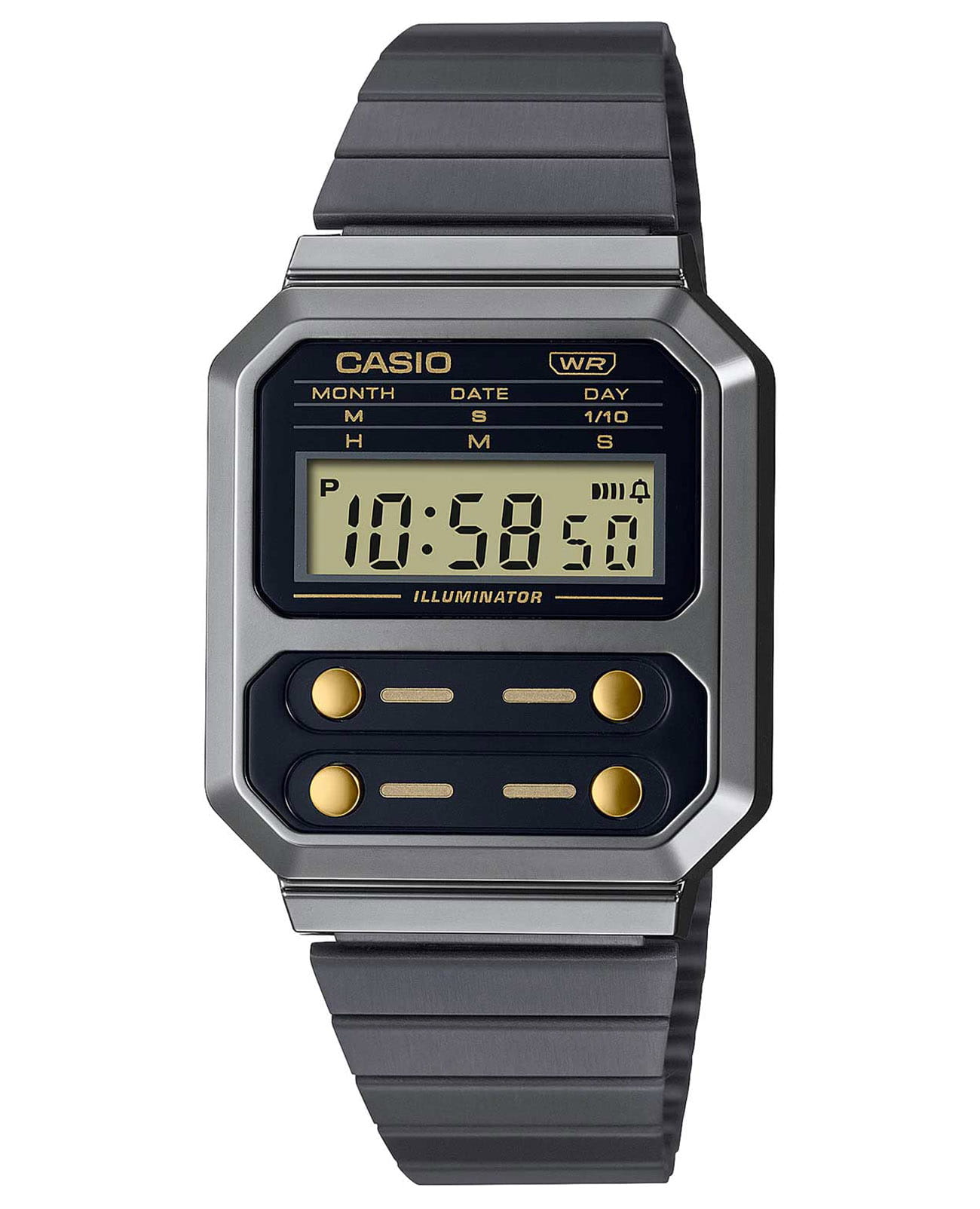Casio Casio Vintage A100WEGG-1A2EF  A100WEGG-1A2EF кварцевые мужские часы черный циферблат, браслет сталь с ip покрытием — вид спереди