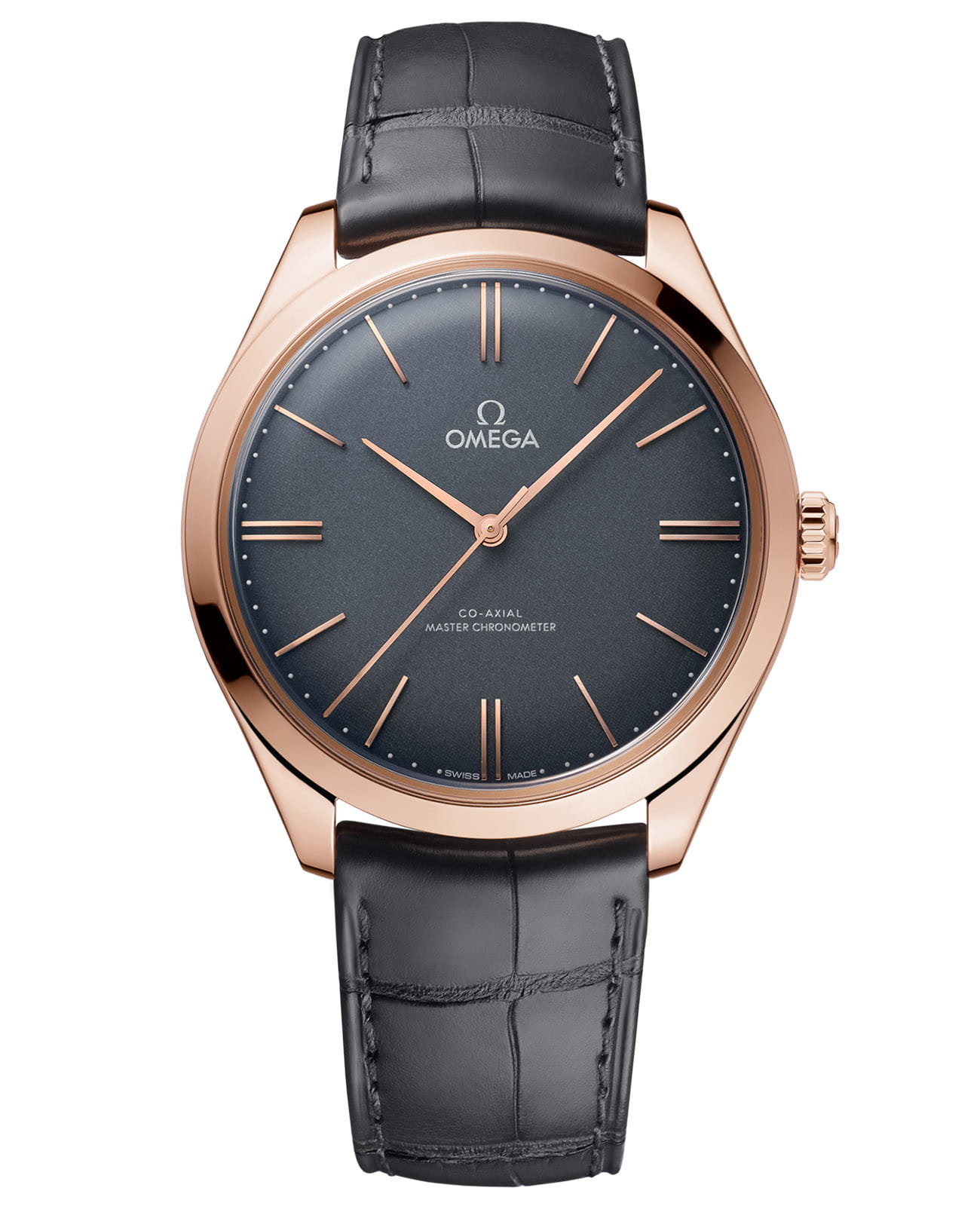 Omega Omega De Ville Tresor 435.53.40.21.06.001  43553402106001 механические мужские часы серый циферблат, браслет кожаный — вид спереди