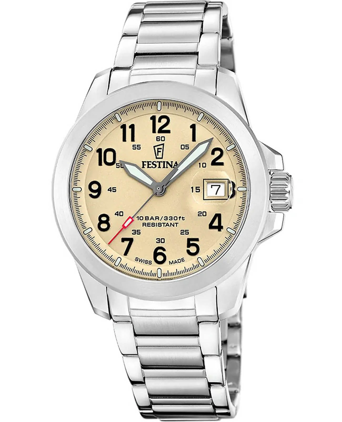 Festina Festina Swiss Made F20081/1  F20081/1 кварцевые мужские часы бежевый циферблат, браслет нержавеющая сталь — вид спереди