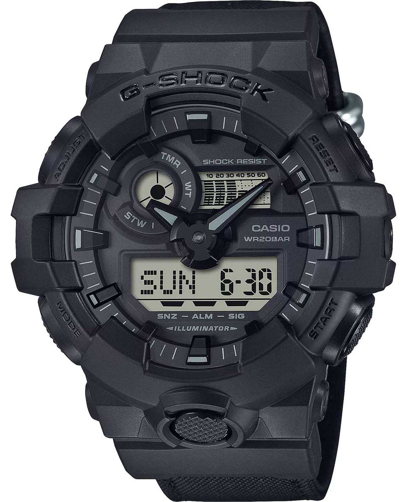 Casio Casio G-Shock GA-700BCE-1A (GA-700BCE-1A) GA-700 GA-700BCE-1A электронные мужские часы черный циферблат, браслет нейлон — вид спереди