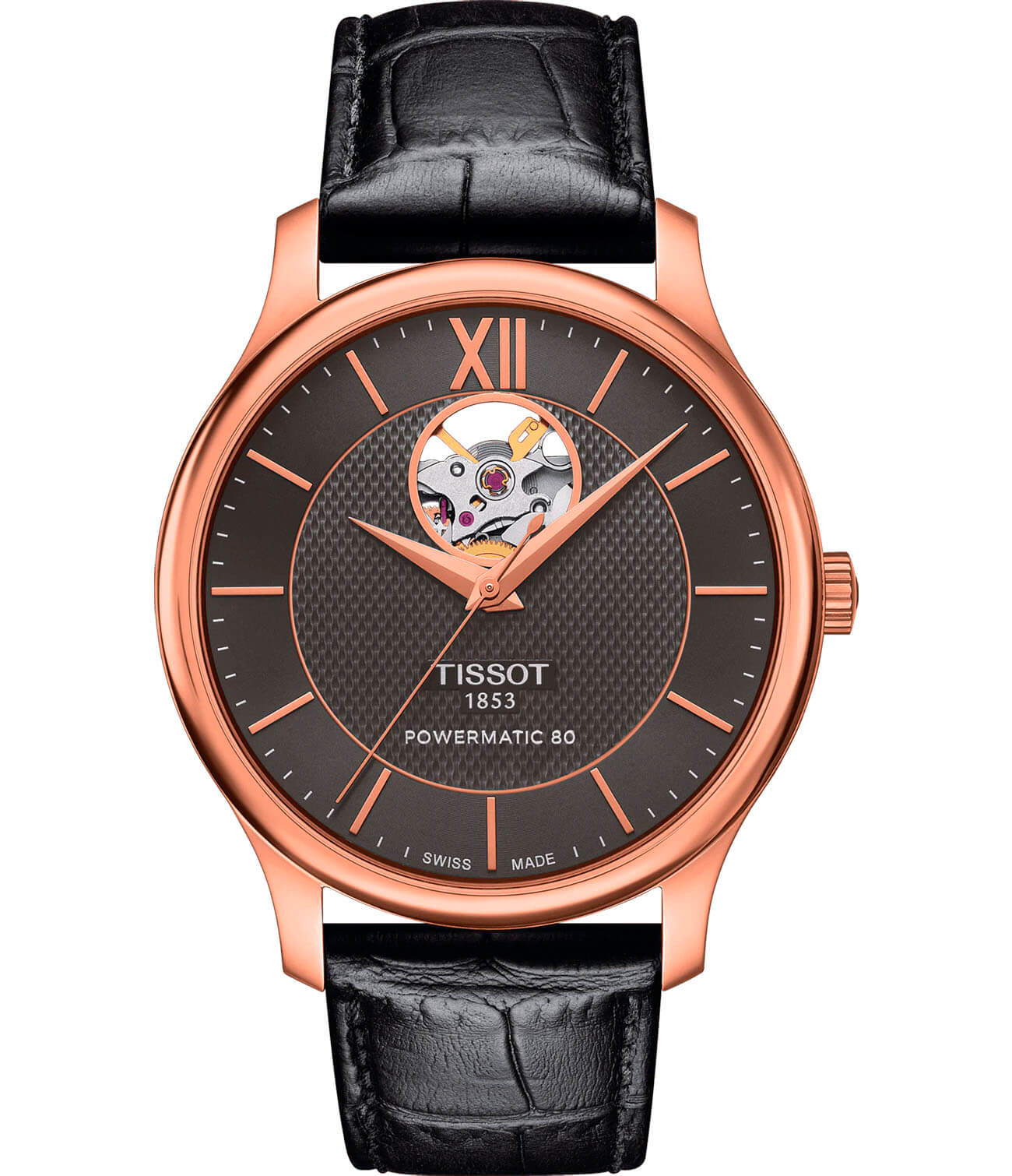 Tissot Tissot Tradition Powermatic 80 Open Heart T063.907.36.068.00 Tradition T0639073606800 механические мужские часы серый циферблат, браслет кожаный — вид спереди