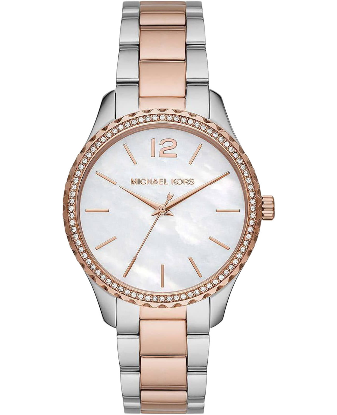 Michael Kors Michael Kors Layton MK6849  MK6849 кварцевые женские часы перламутровый циферблат, браслет сталь c pvd покрытием — вид спереди