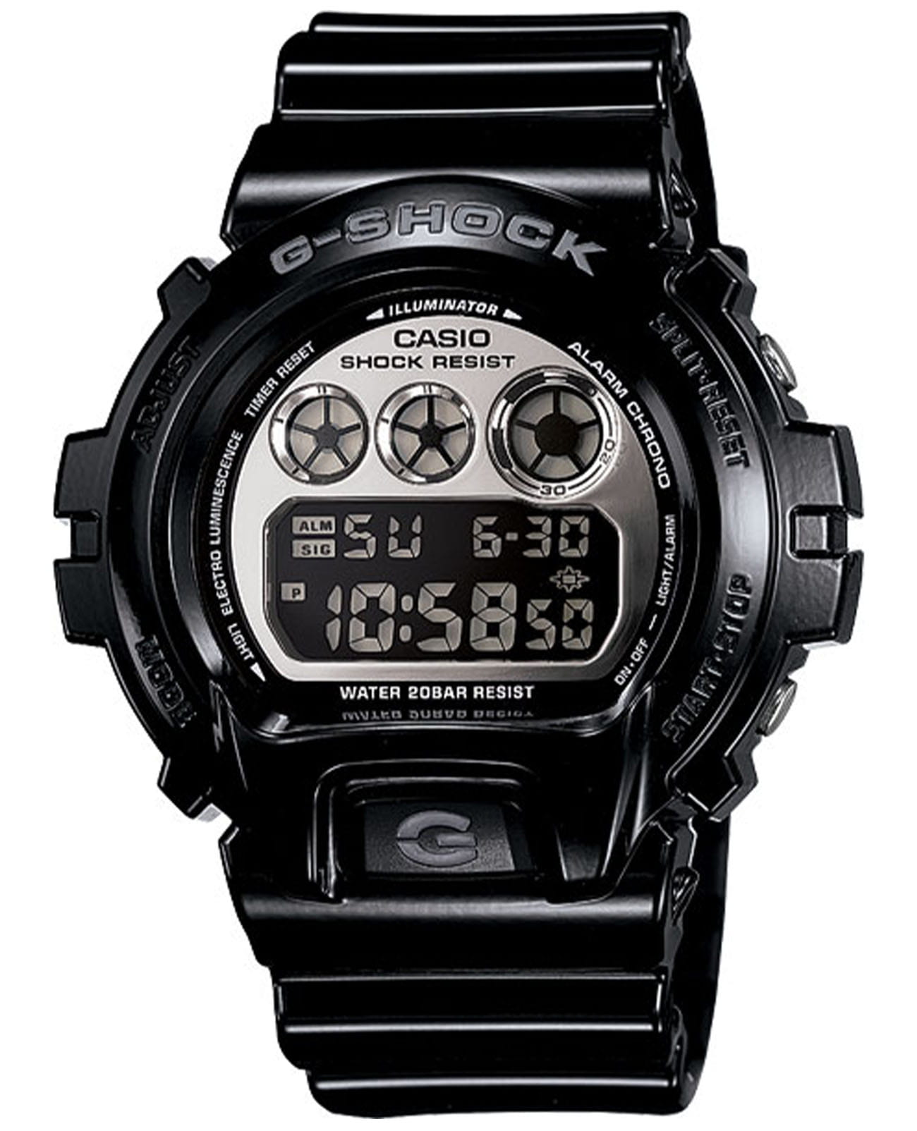 Casio Casio G-Shock DW-6900NB-1DR (DW-6900NB-1E)  DW-6900NB-1E электронные мужские часы серебристый циферблат, браслет пластик — вид спереди