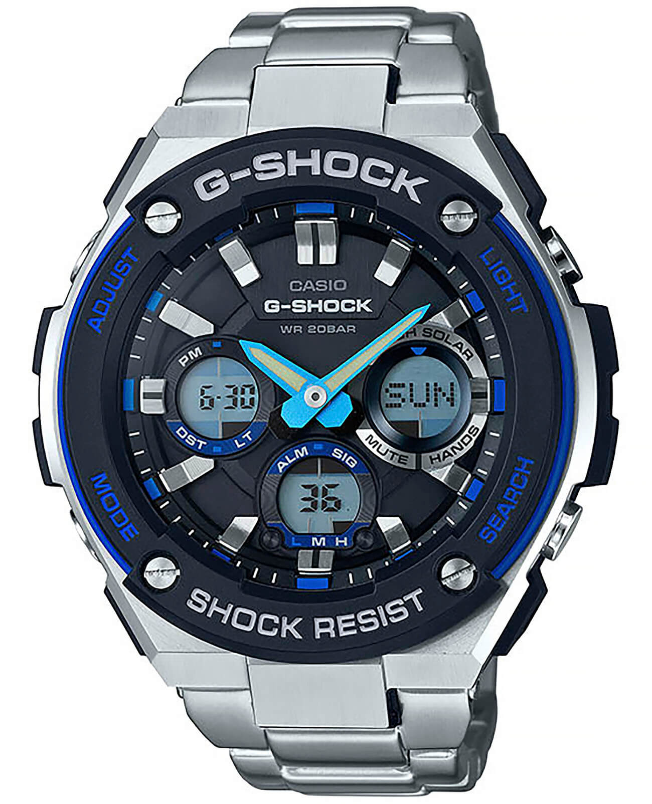 Casio Casio G-Shock GST-W100D-1A2 GST G-Steel GST-W100D-1A2 электронные мужские часы черный циферблат, браслет нержавеющая сталь — вид спереди