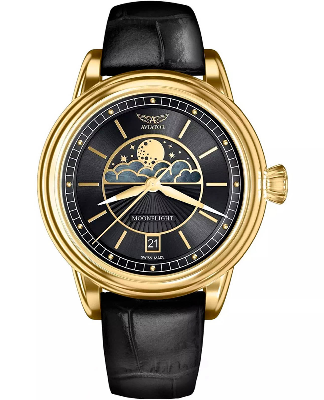 Aviator Aviator Douglas MoonFlight V.1.33.1.344.4  V.1.33.1.344.4 кварцевые женские часы черный циферблат, браслет кожаный — вид спереди