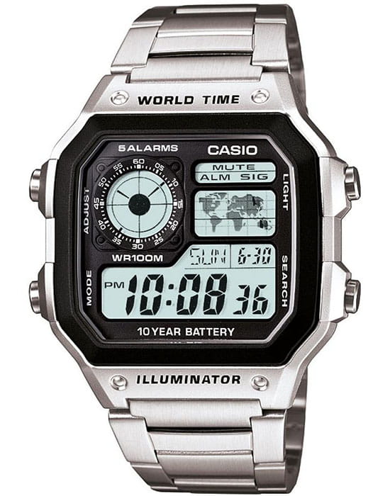 Casio Casio Collection AE-1200WHD-1AVDF (AE-1200WHD-1A)  AE-1200WHD-1A кварцевые мужские часы серый циферблат, браслет нержавеющая сталь — вид спереди