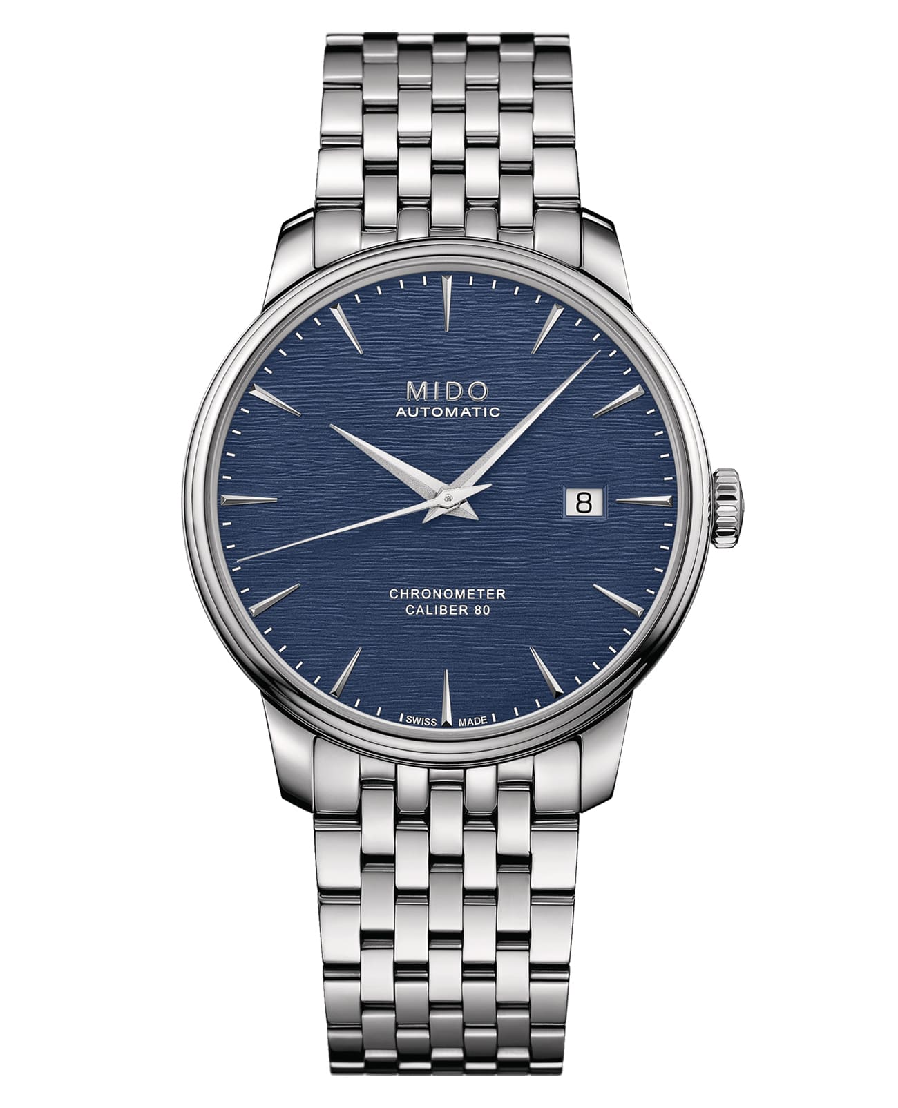 Mido Mido Baroncelli Chronometer Silicon Gent M027.408.11.041.00  M0274081104100 механические мужские часы синий циферблат, браслет нержавеющая сталь — вид спереди