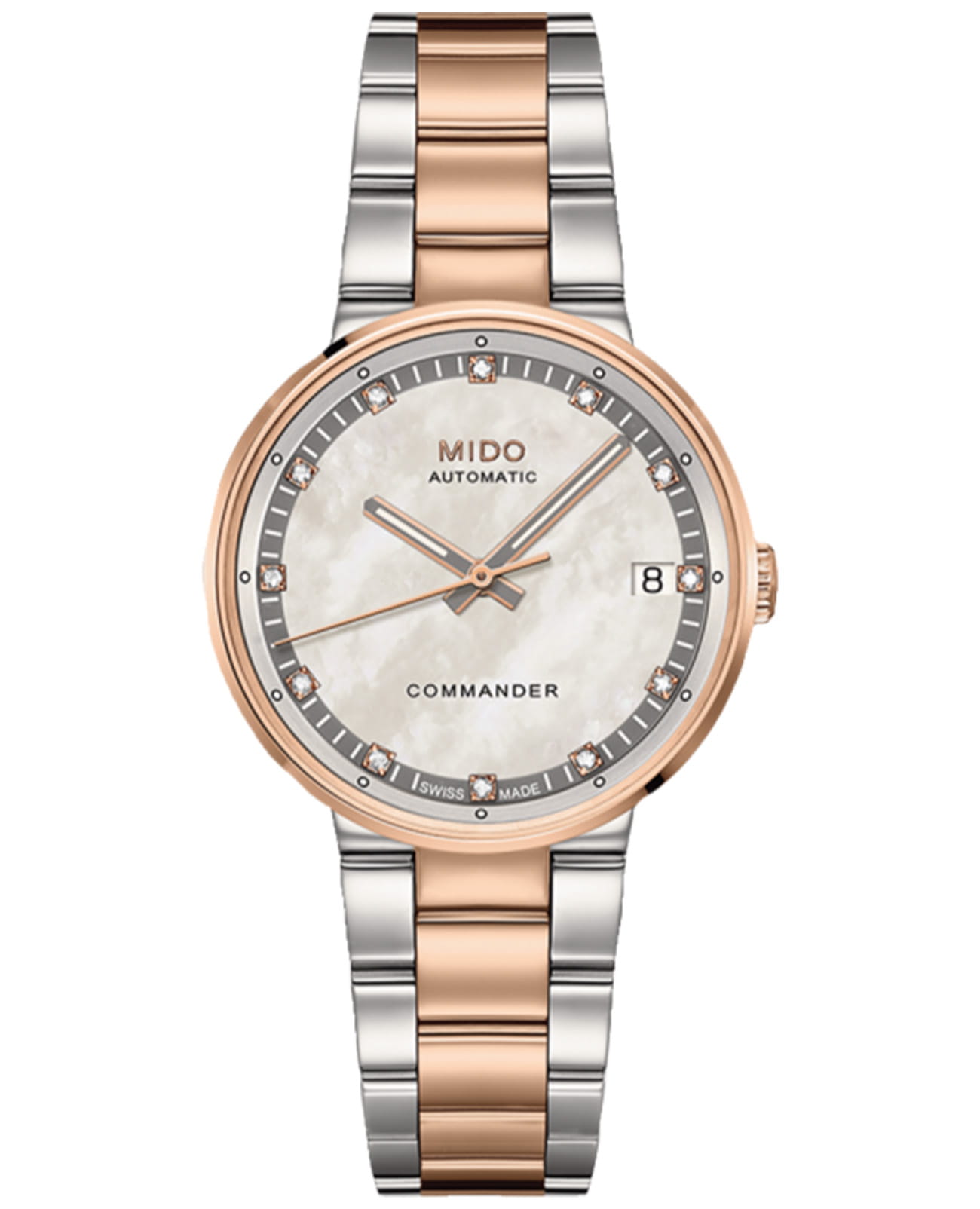 Mido Mido Commander M014.207.22.116.00  M0142072211600 механические женские часы перламутровый циферблат, браслет нержавеющая сталь с pvd-покрытием — вид спереди