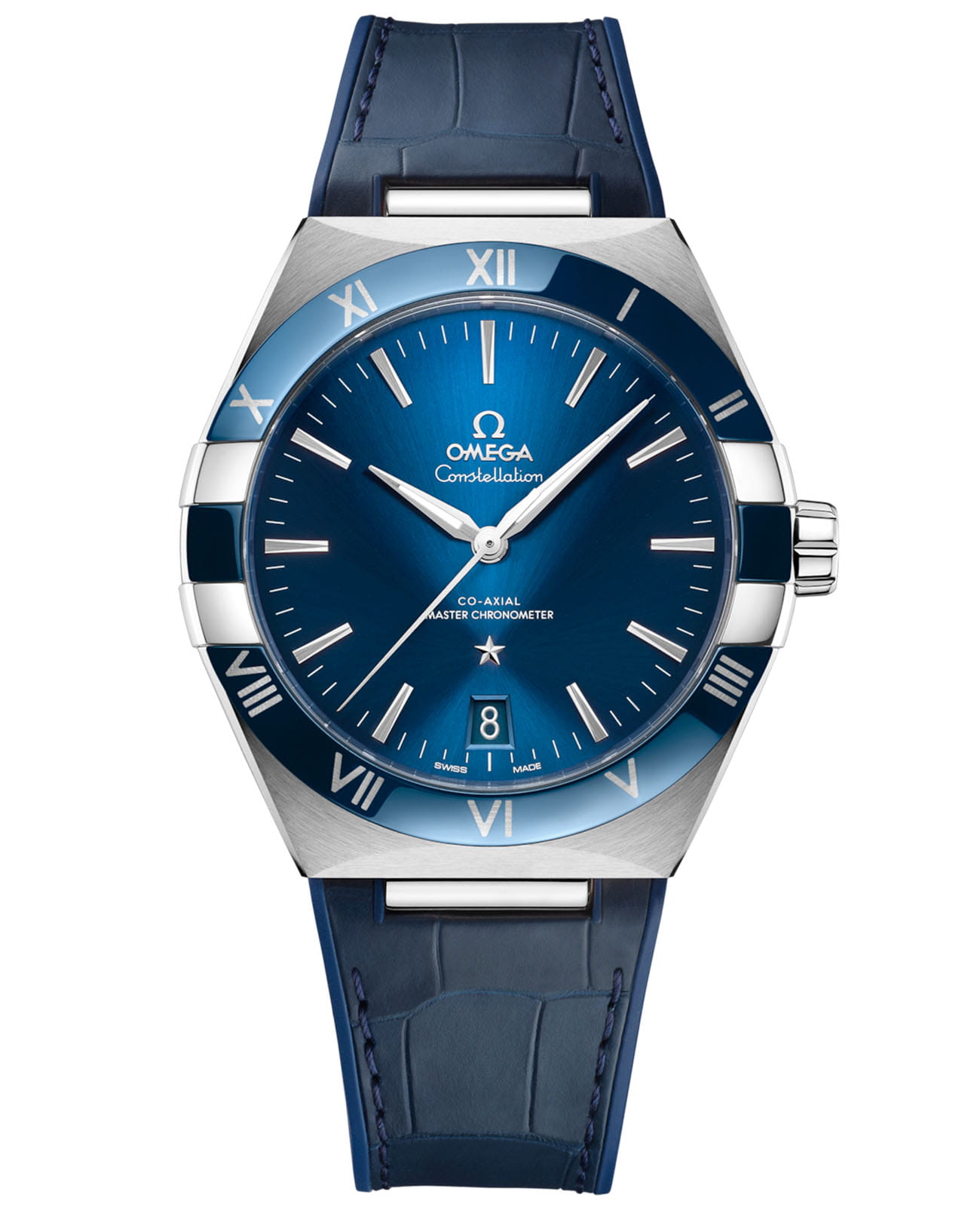 Omega Omega Constellation 131.33.41.21.03.001  13133412103001 механические мужские часы синий циферблат, браслет кожаный — вид спереди