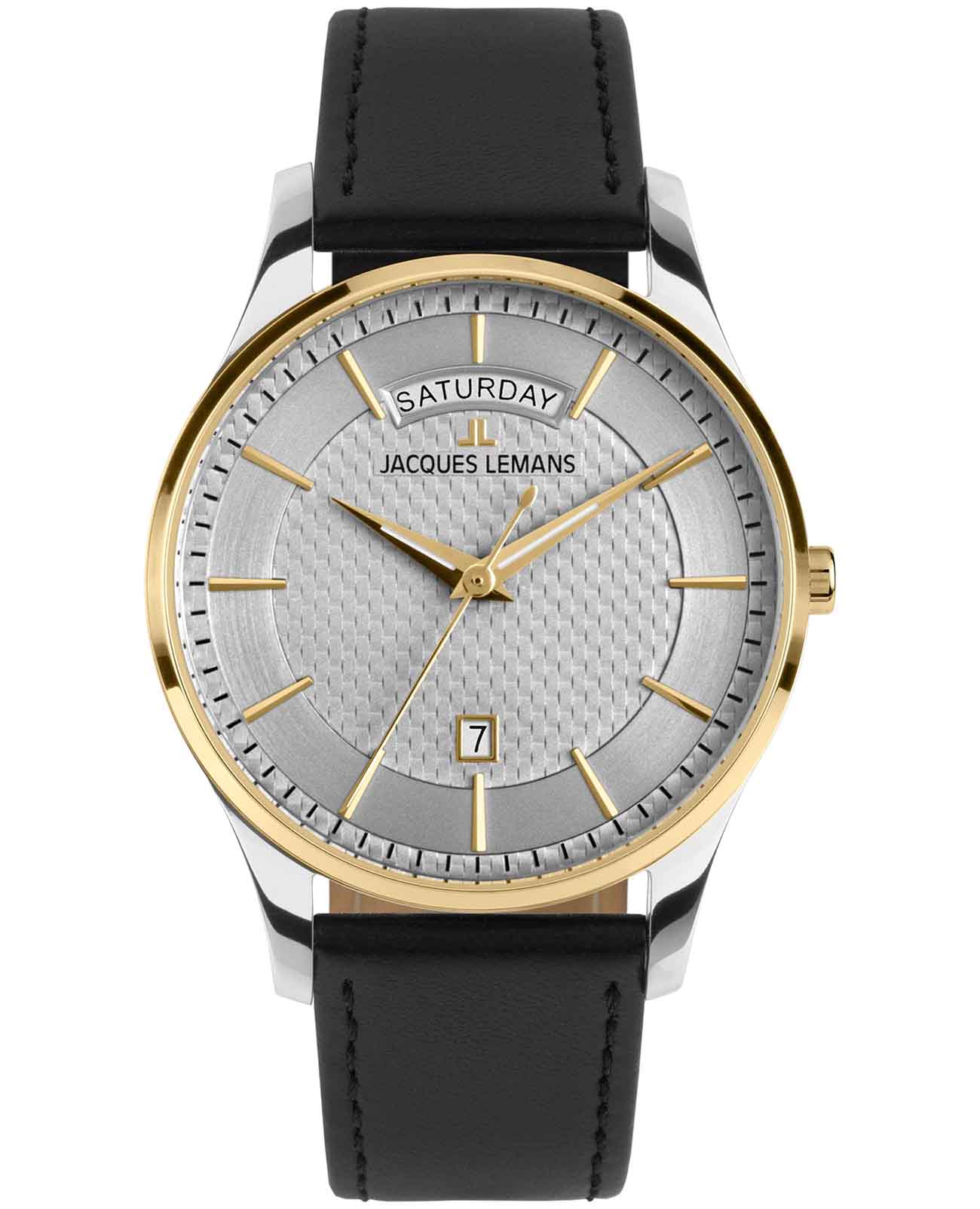 Jacques Lemans Jacques Lemans London 1-2193E  1-2193E кварцевые мужские часы серебристый циферблат, браслет кожаный — вид спереди