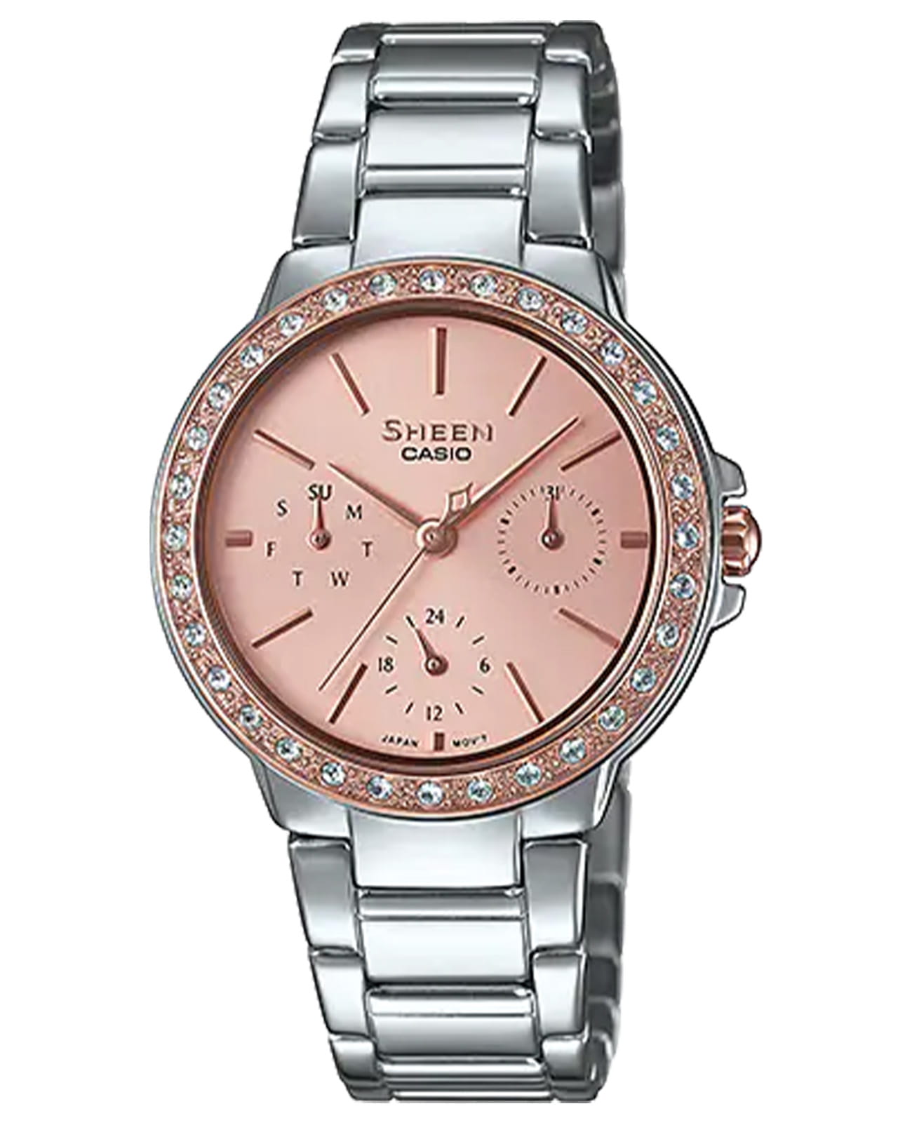 Casio Casio Sheen SHE-3069SG-4AUDF  SHE-3069SG-4AUDF кварцевые женские часы розовый циферблат, браслет сталь с ip покрытием — вид спереди