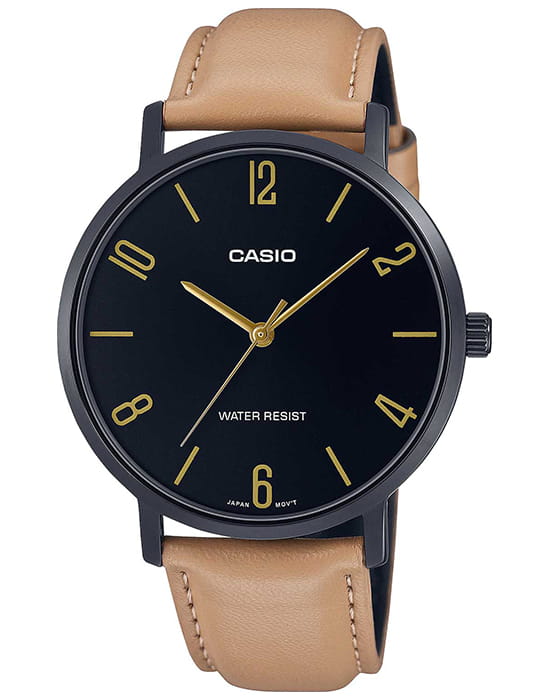 Casio Casio Collection MTP-VT01BL-1BUDF (MTP-VT01BL-1B)  MTP-VT01BL-1B кварцевые мужские часы черный циферблат, браслет кожаный — вид спереди