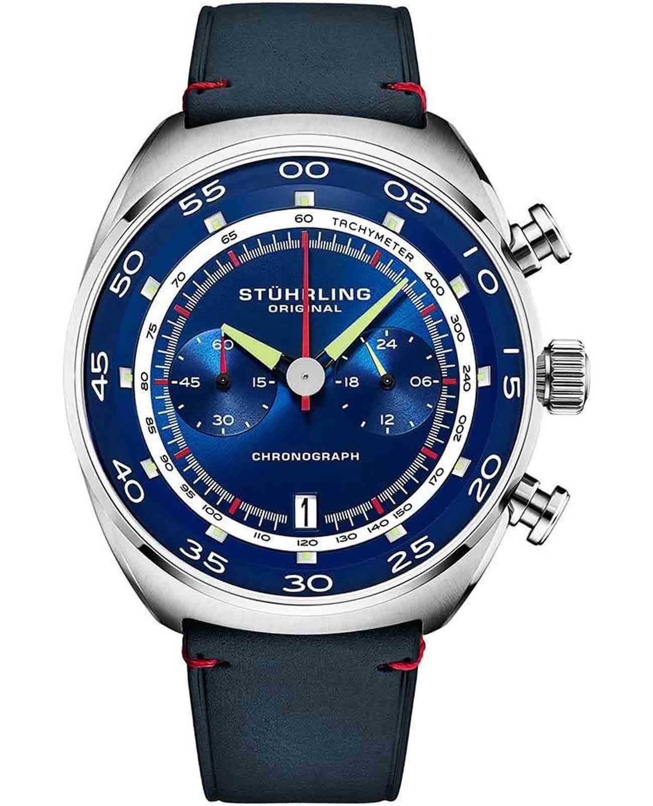 Stuhrling Stuhrling Monaco 1000.02  1000.02 кварцевые мужские часы синий циферблат, браслет кожаный — вид спереди