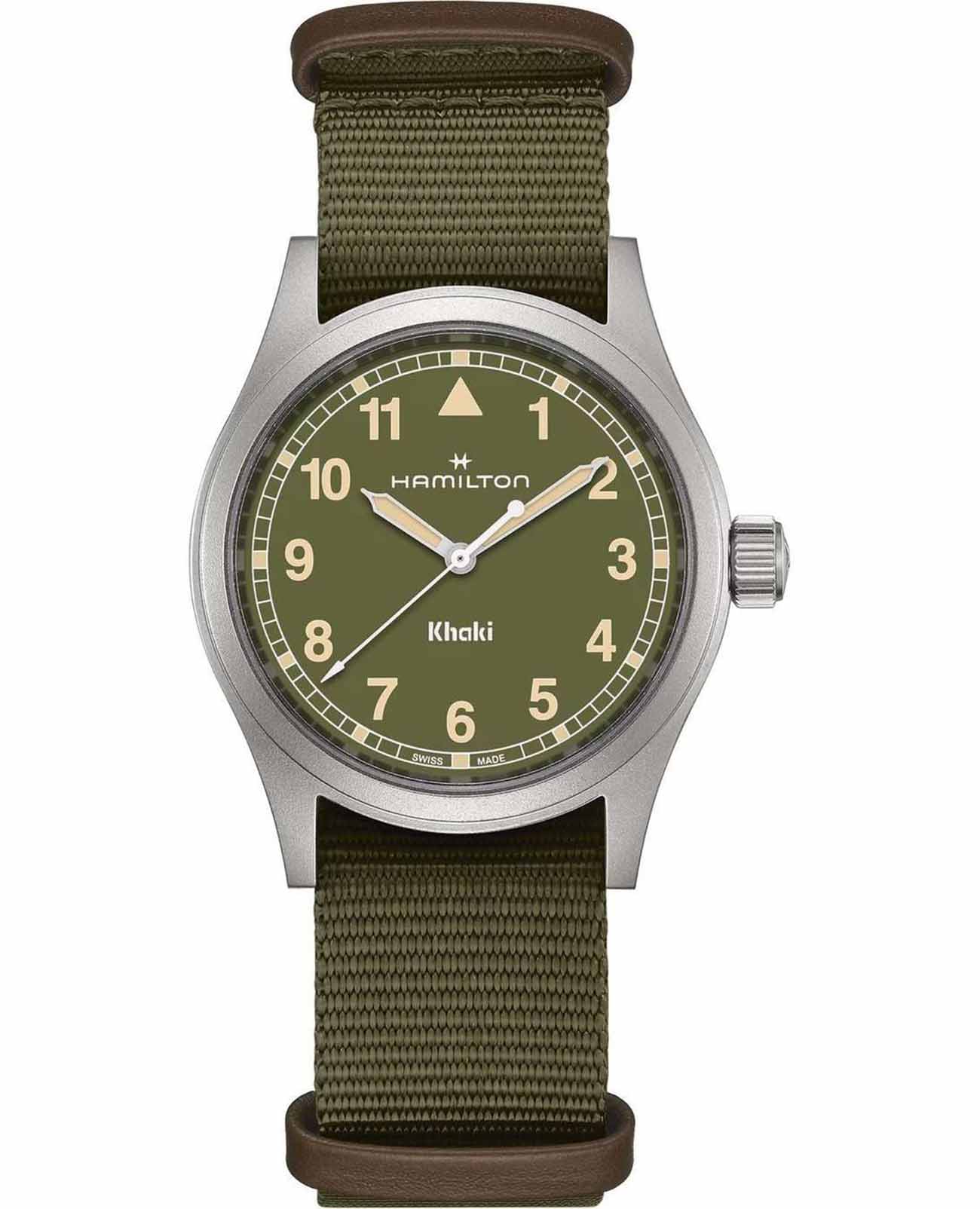 Hamilton Hamilton Khaki Field Quartz 38mm H69401960  H69401960 кварцевые мужские часы зеленый циферблат, браслет тканевый — вид спереди