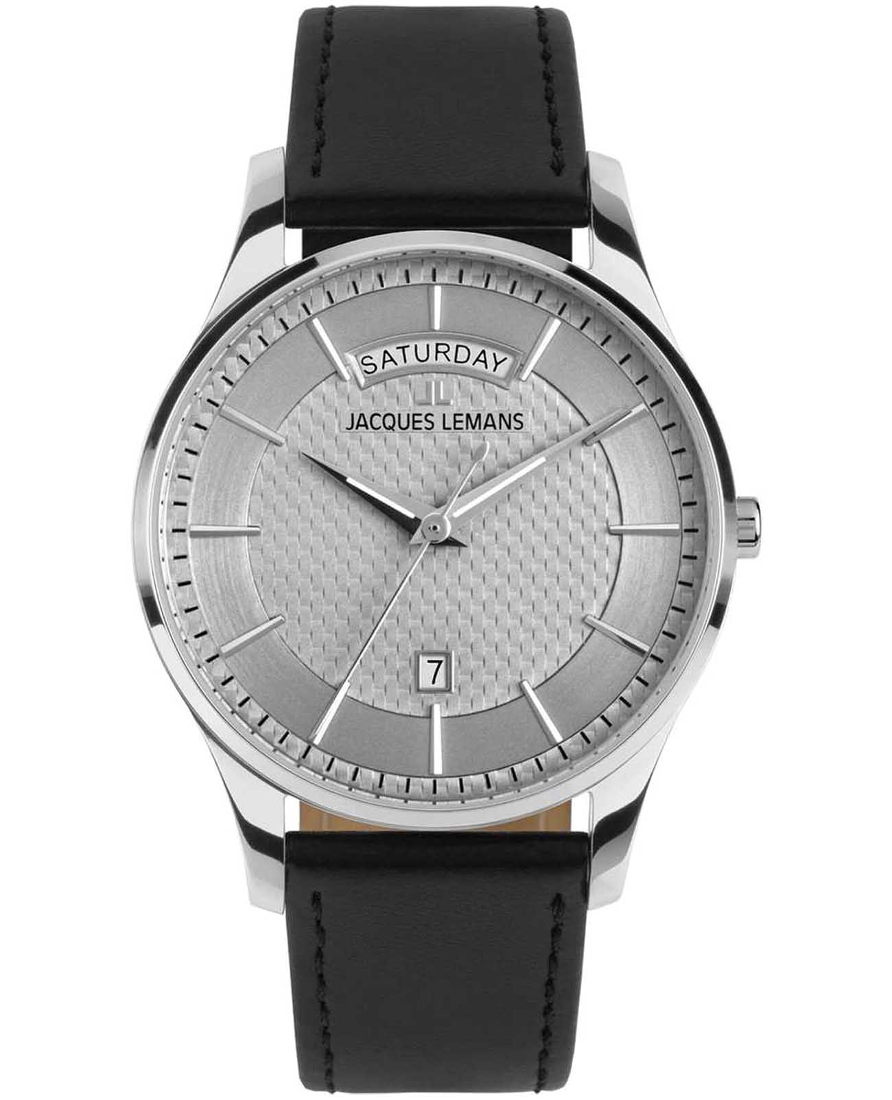 Jacques Lemans Jacques Lemans London 1-2193B  1-2193B кварцевые мужские часы серебристый циферблат, браслет кожаный — вид спереди