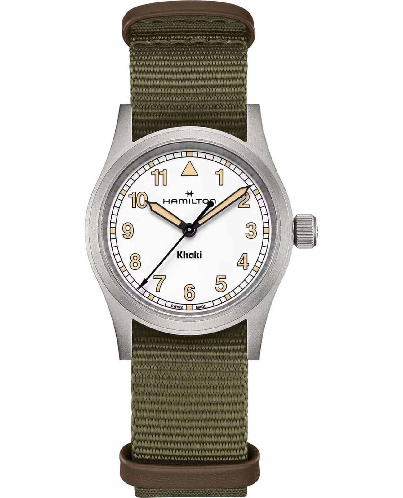 Hamilton Hamilton Khaki Field Quartz 33mm H69301910  H69301910 кварцевые мужские часы белый циферблат, браслет тканевый — вид спереди