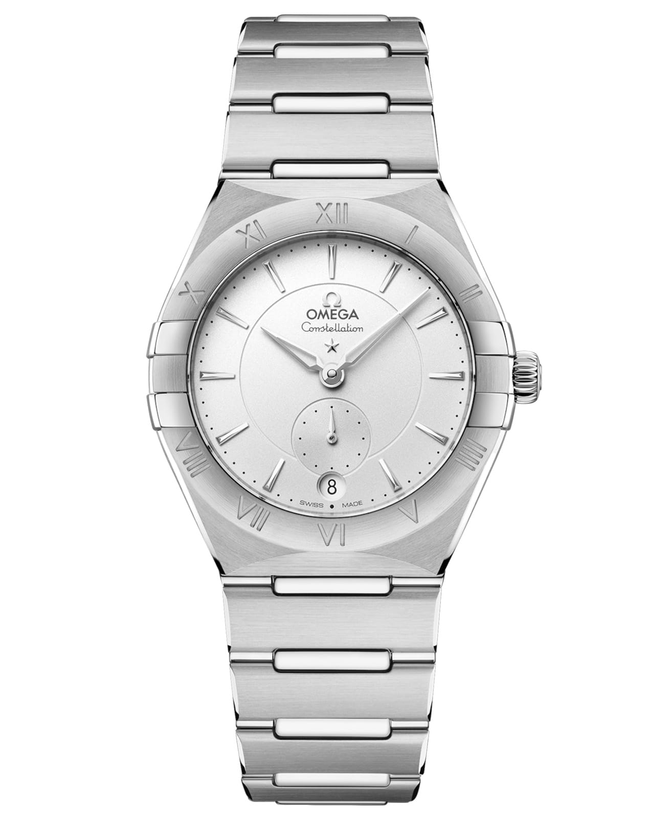 Omega Omega Constellation 131.10.34.20.02.001  13110342002001 механические женские часы серебристый циферблат, браслет нержавеющая сталь — вид спереди