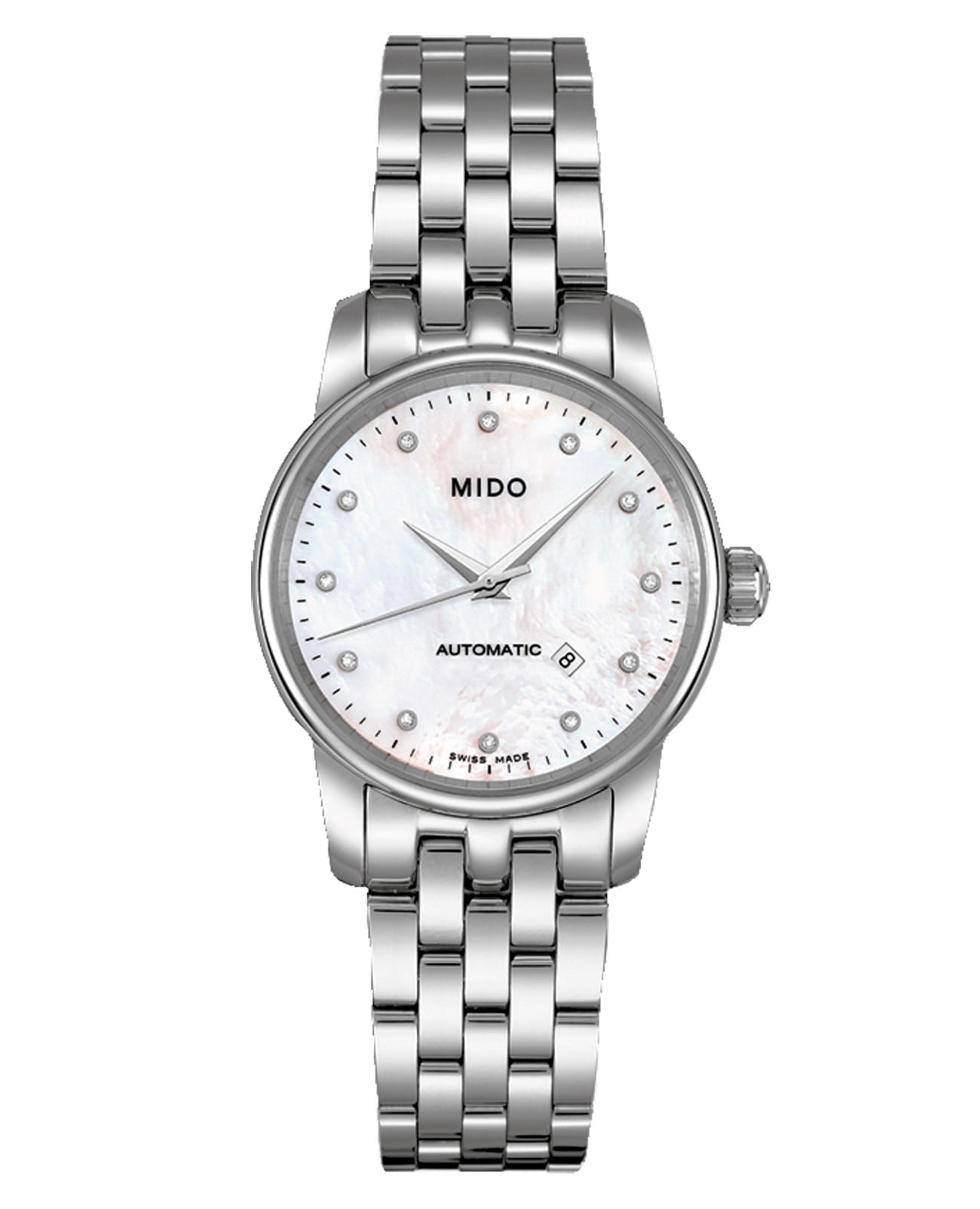 Mido Mido Baroncelli M7600.4.69.1  M76004691 механические женские часы перламутровый циферблат, браслет нержавеющая сталь — вид спереди