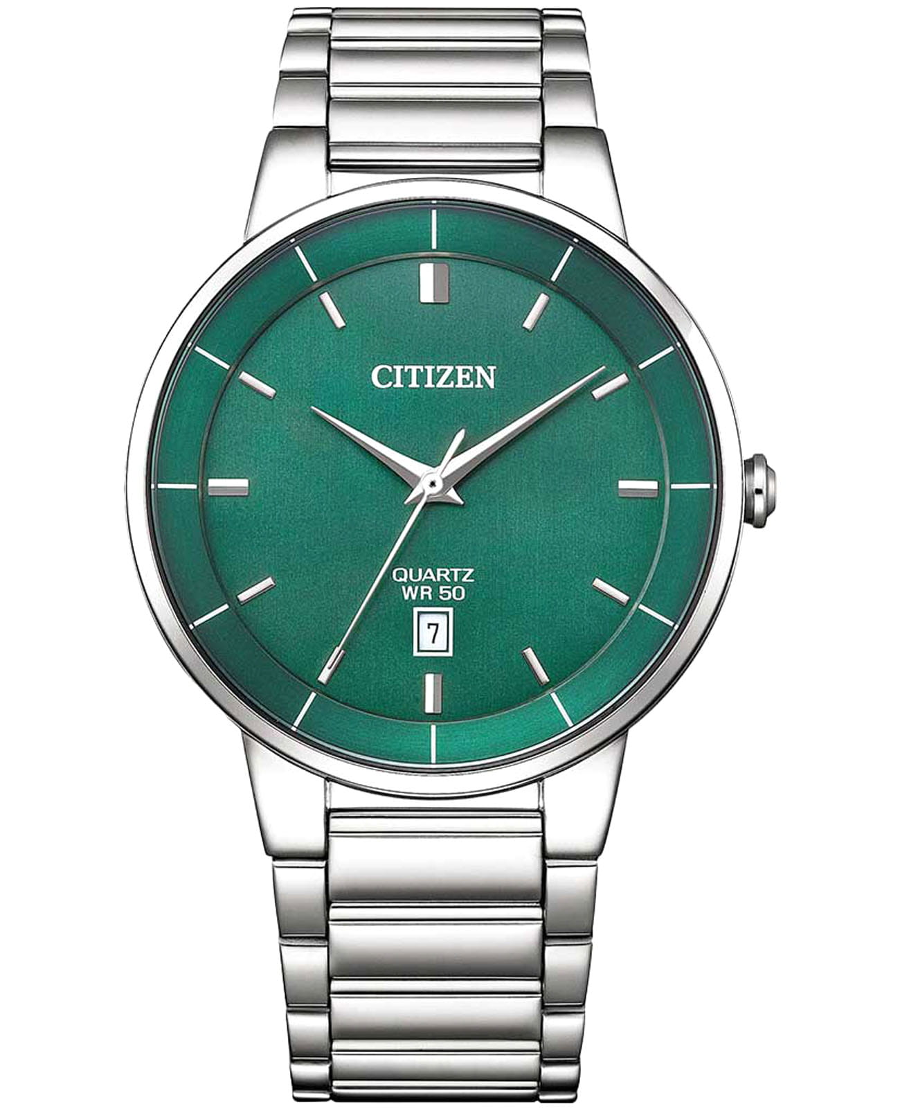 Citizen Citizen Basic BI5120-51X  BI5120-51X кварцевые мужские часы зеленый циферблат, браслет нержавеющая сталь — вид спереди