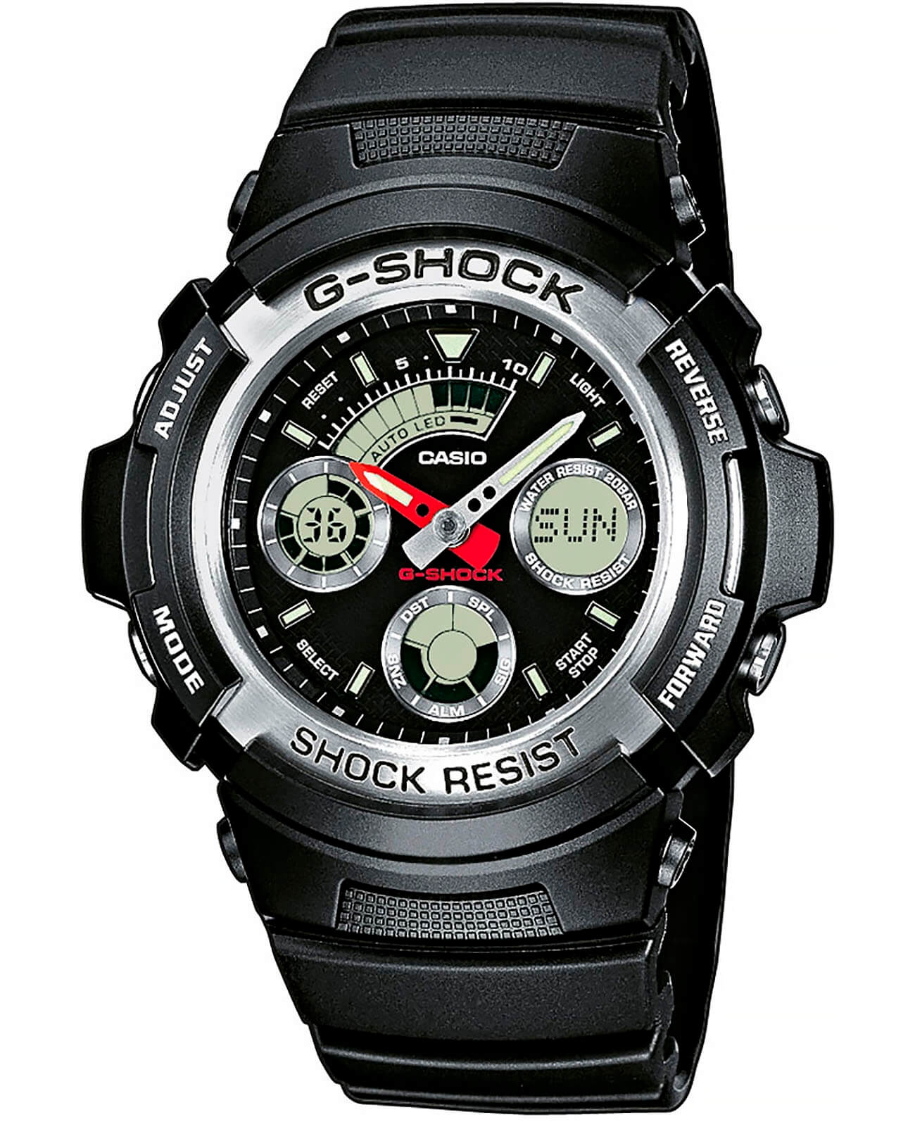 Casio Casio G-Shock AW-590-1ADR (AW-590-1A)  AW-590-1A электронные мужские часы черный циферблат, браслет пластик — вид спереди