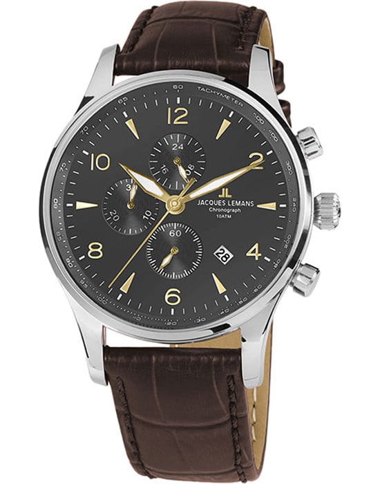 Jacques Lemans Jacques Lemans 1-1844ZJ  1-1844ZJ кварцевые мужские часы черный циферблат, браслет кожаный — вид спереди