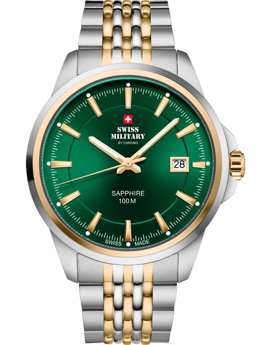 Swiss Military by Chrono Swiss Military by Chrono Classic SM34104.06  SM34104.06 кварцевые мужские часы зеленый циферблат, браслет нержавеющая сталь с pvd-покрытием — вид спереди