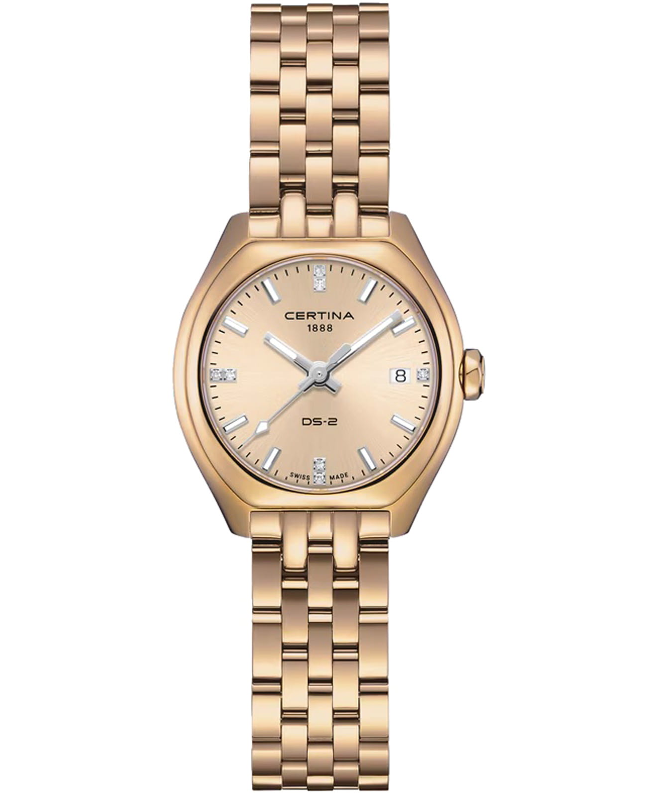 Certina Certina DS-2 Lady C049.210.33.026.00  C0492103302600 кварцевые женские часы золотой циферблат, браслет нержавеющая сталь с pvd-покрытием — вид спереди