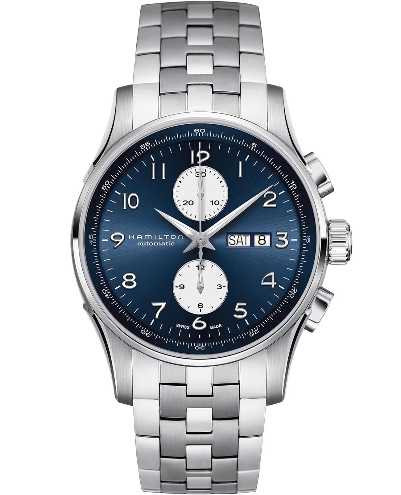 Hamilton Hamilton Jazzmaster Maestro Auto Chrono H32766143  H32766143 механические мужские часы синий циферблат, браслет нержавеющая сталь — вид спереди