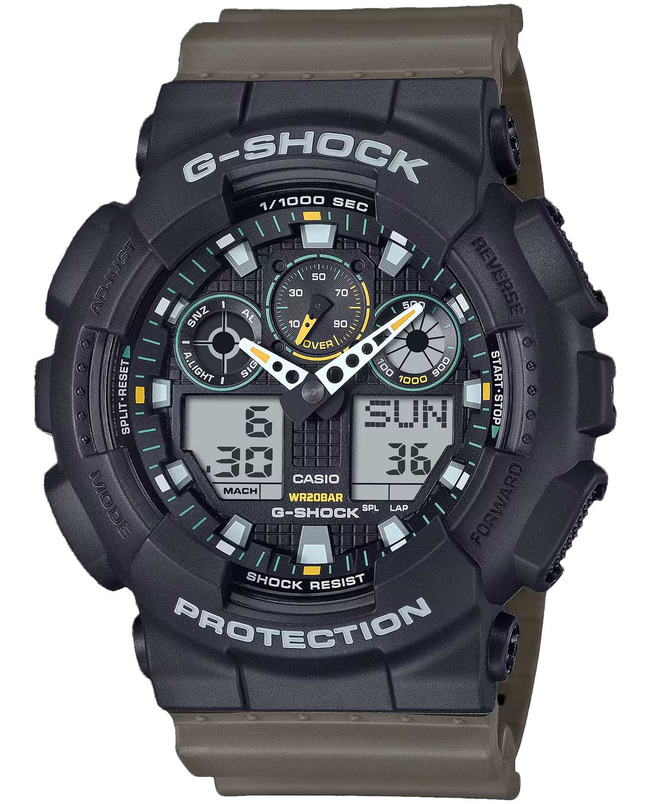 Casio Casio G-Shock GA-100TU-1A3 (GA-100TU-1A3) GA-100 GA-100TU-1A3 электронные мужские часы черный циферблат, браслет пластик — вид спереди