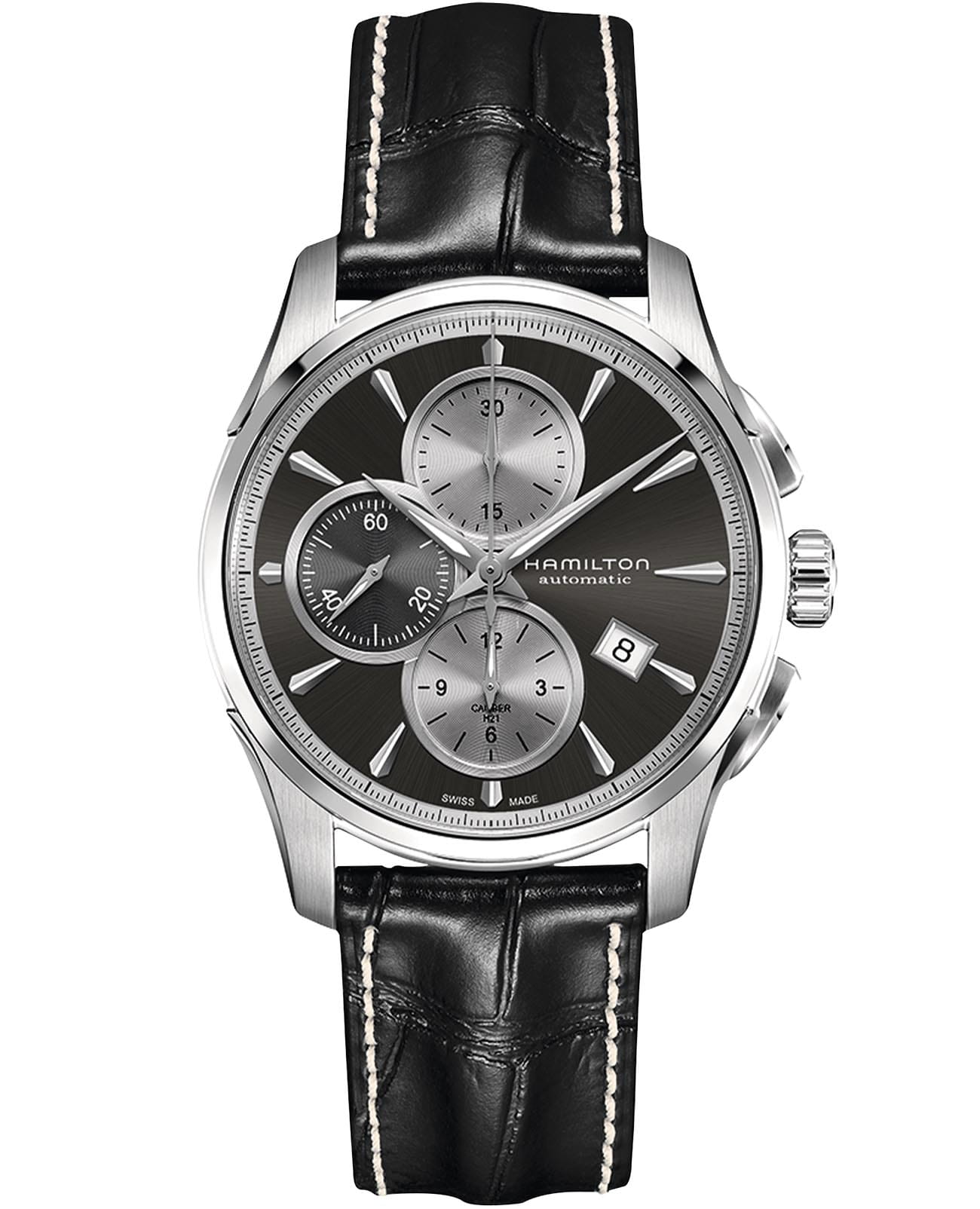 Hamilton Hamilton Jazzmaster Auto Chrono H32596781  H32596781 механические мужские часы черный циферблат, браслет кожаный — вид спереди