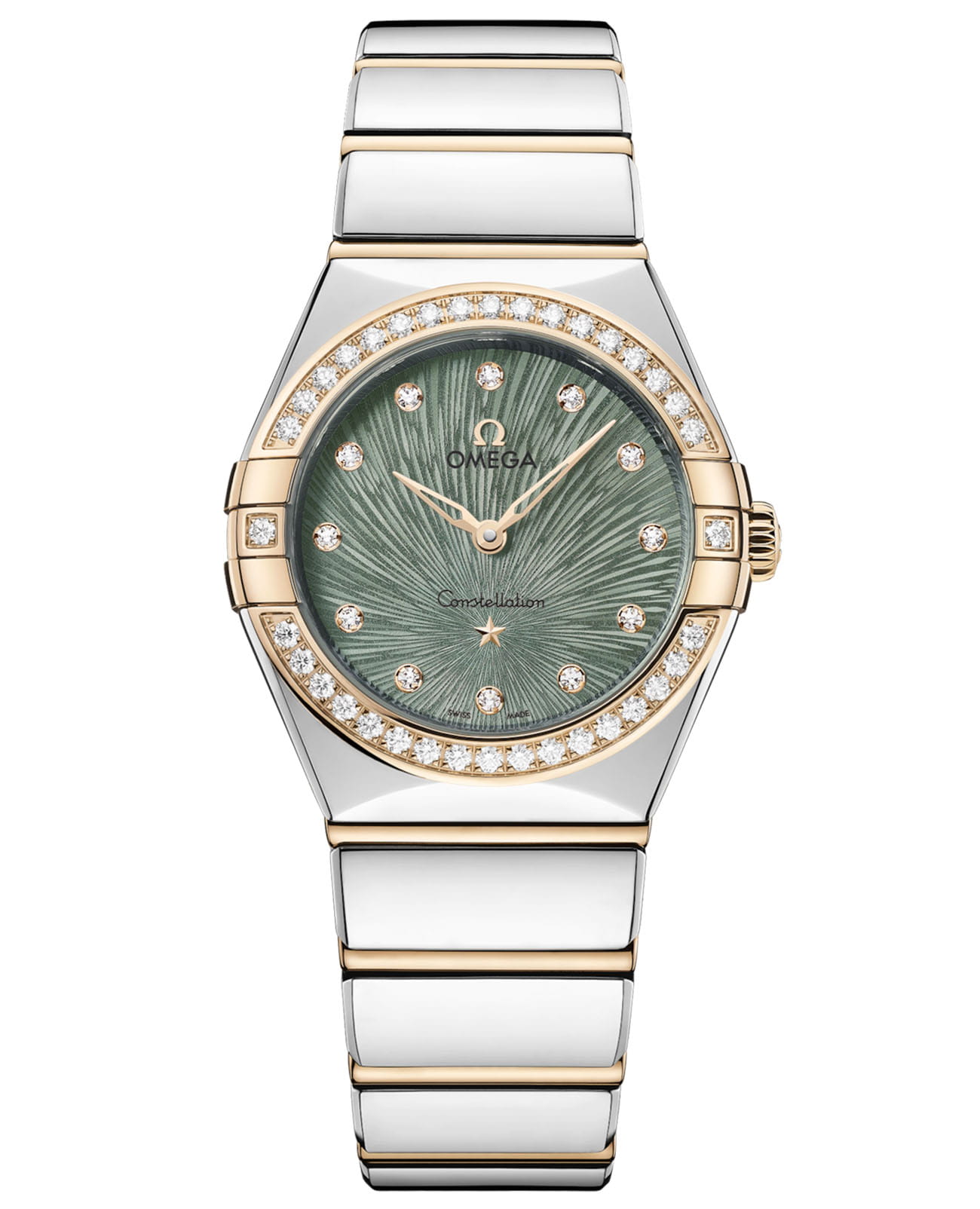 Omega Omega Constellation 131.25.28.60.60.001  13125286060001 кварцевые женские часы зеленый циферблат, браслет сталь + золото — вид спереди