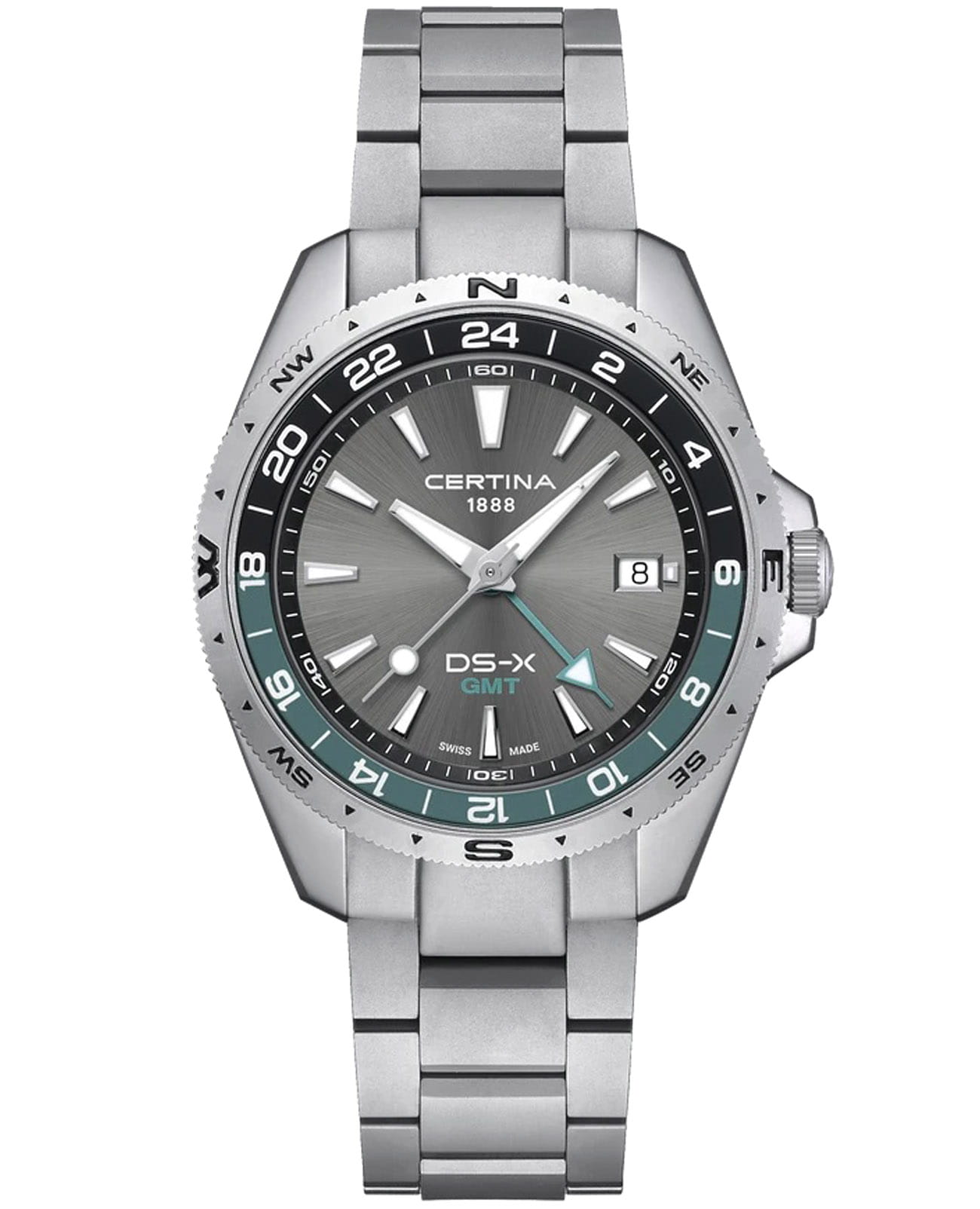 Certina Certina DS-X GMT C047.452.11.081.00 DS-X GMT C0474521108100 кварцевые мужские часы серый циферблат, браслет нержавеющая сталь 316l — вид спереди