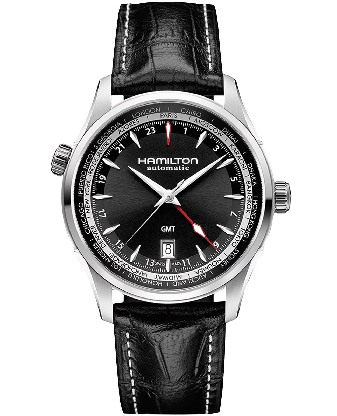 Hamilton Hamilton Jazzmaster GMT Auto H32695731  H32695731 механические мужские часы черный циферблат, браслет кожаный — вид спереди