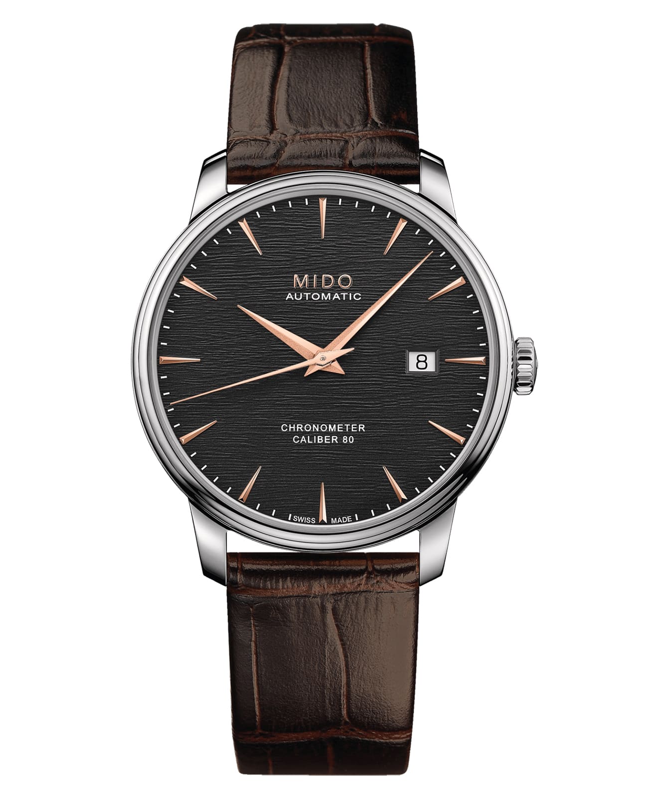 Mido Mido Baroncelli Chronometer Silicon Gent M027.408.16.061.00  M0274081606100 механические мужские часы антрацитовый циферблат, браслет кожаный — вид спереди